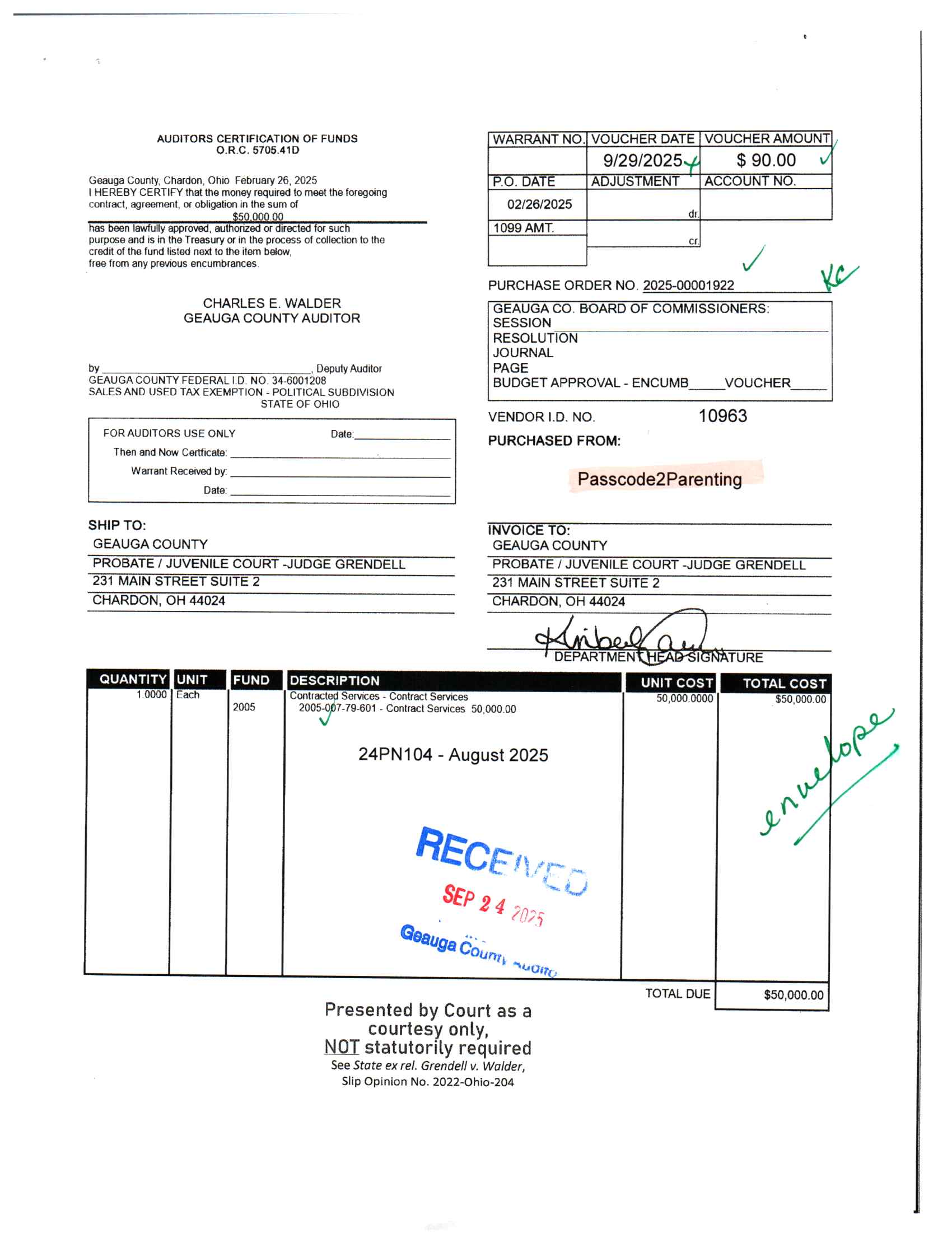 Auditor's Certification of Funds