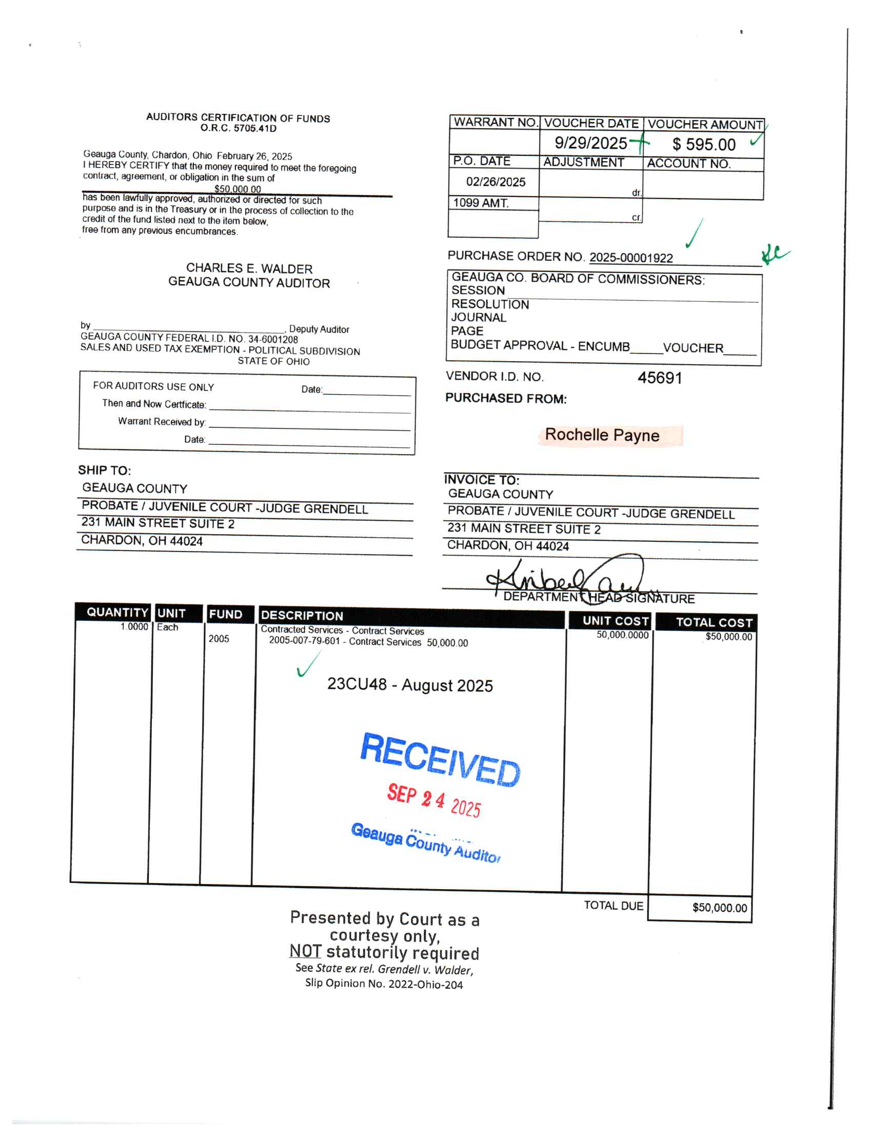 Auditor's Certification of Funds