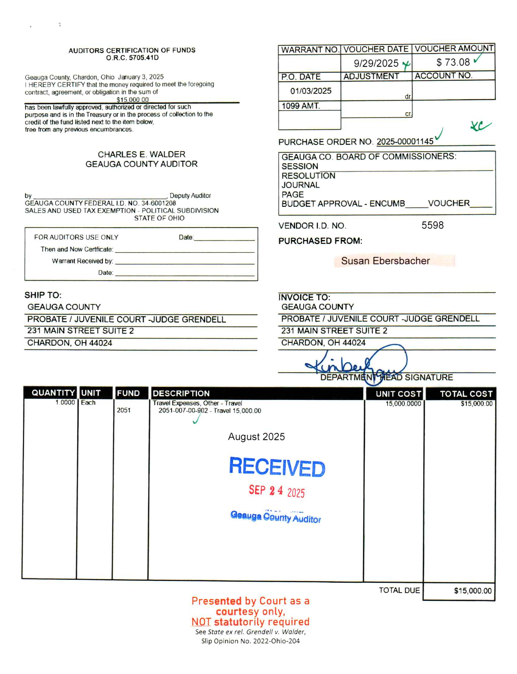 Auditor's Certification of Funds