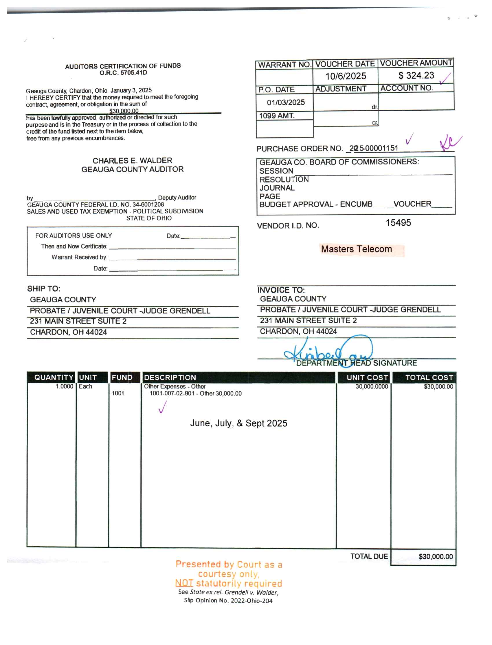 Auditor's Certification of Funds