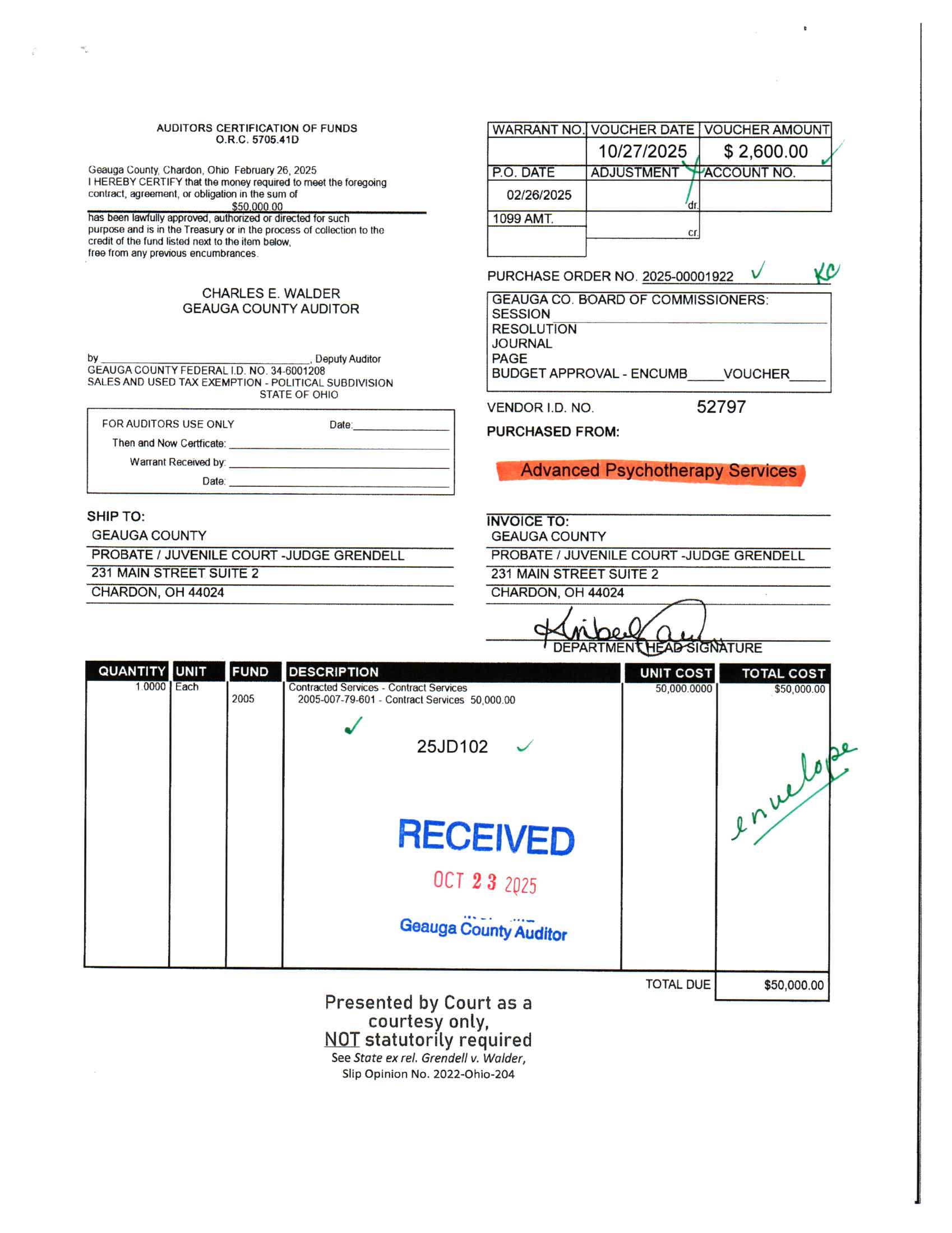 Auditor's Certification of Funds