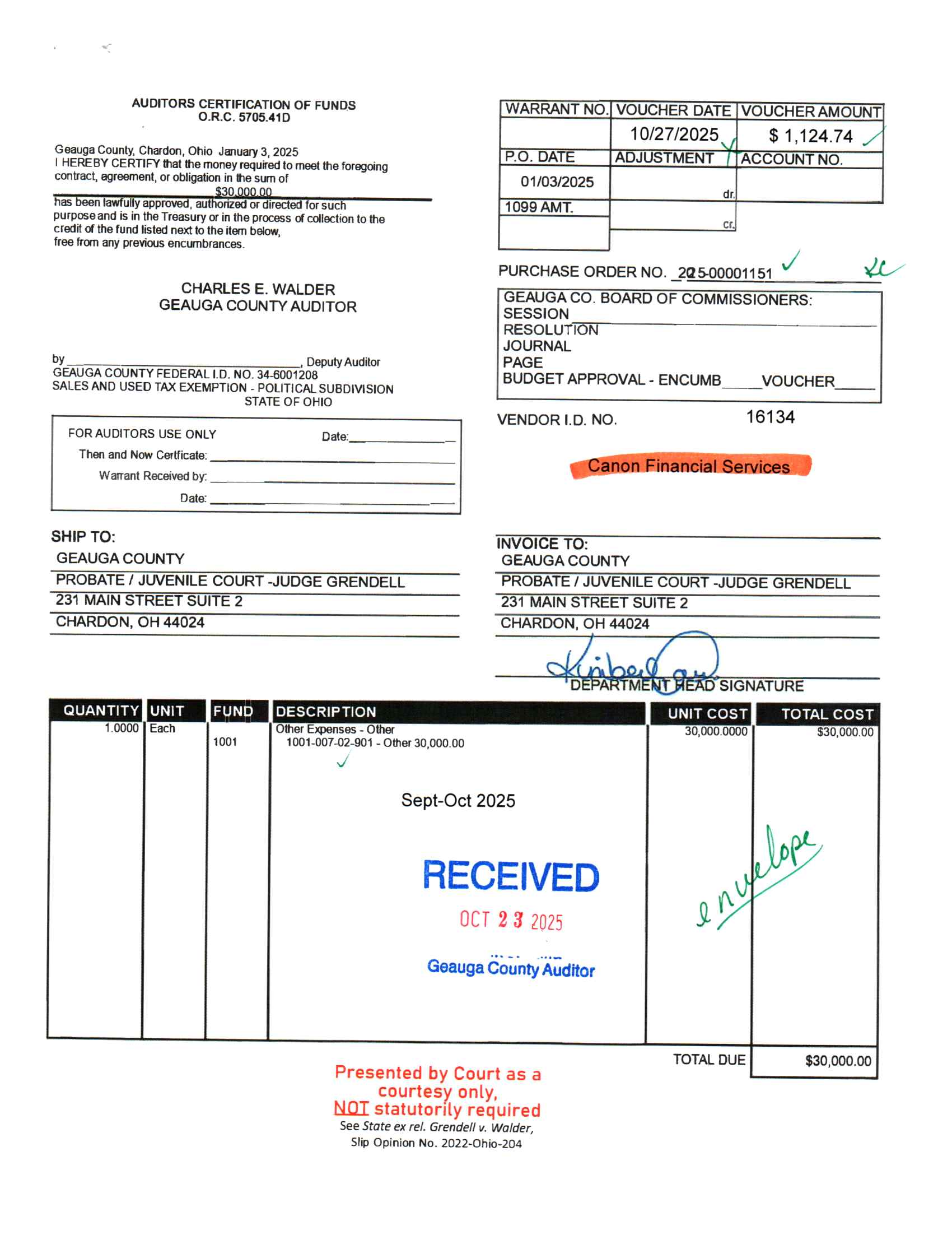 Auditor's Certification of Funds