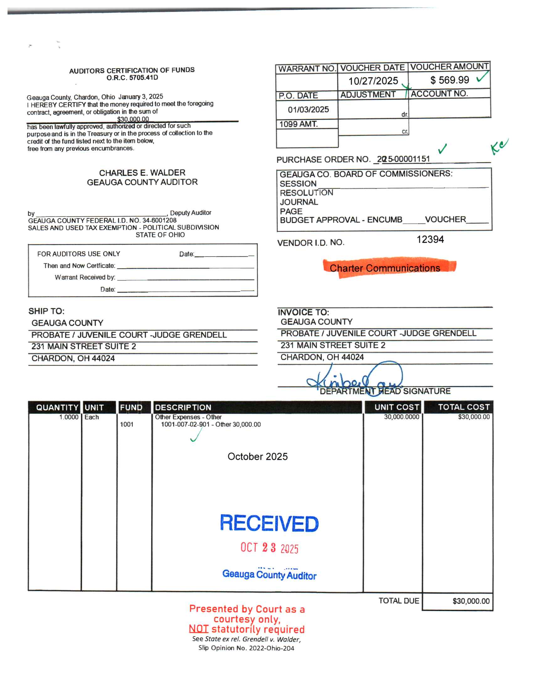 Auditor's Certification of Funds