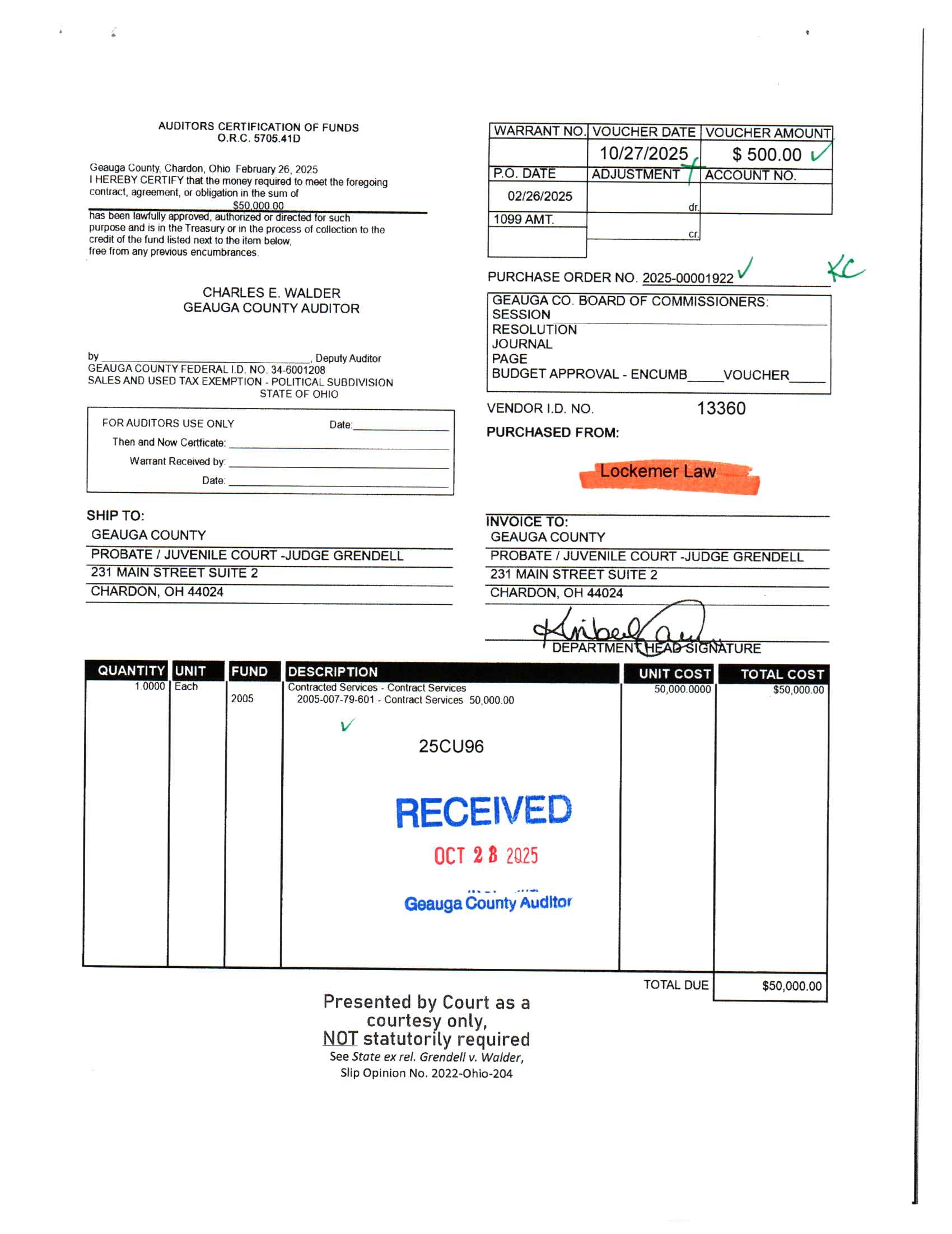 Auditor's Certification of Funds