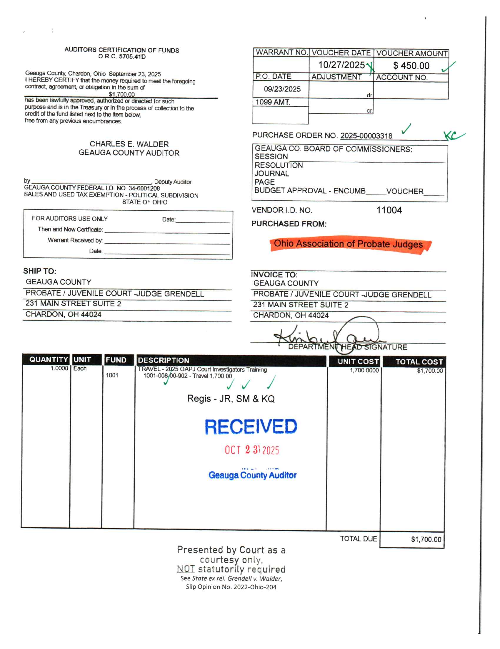 Auditor's Certification of Funds