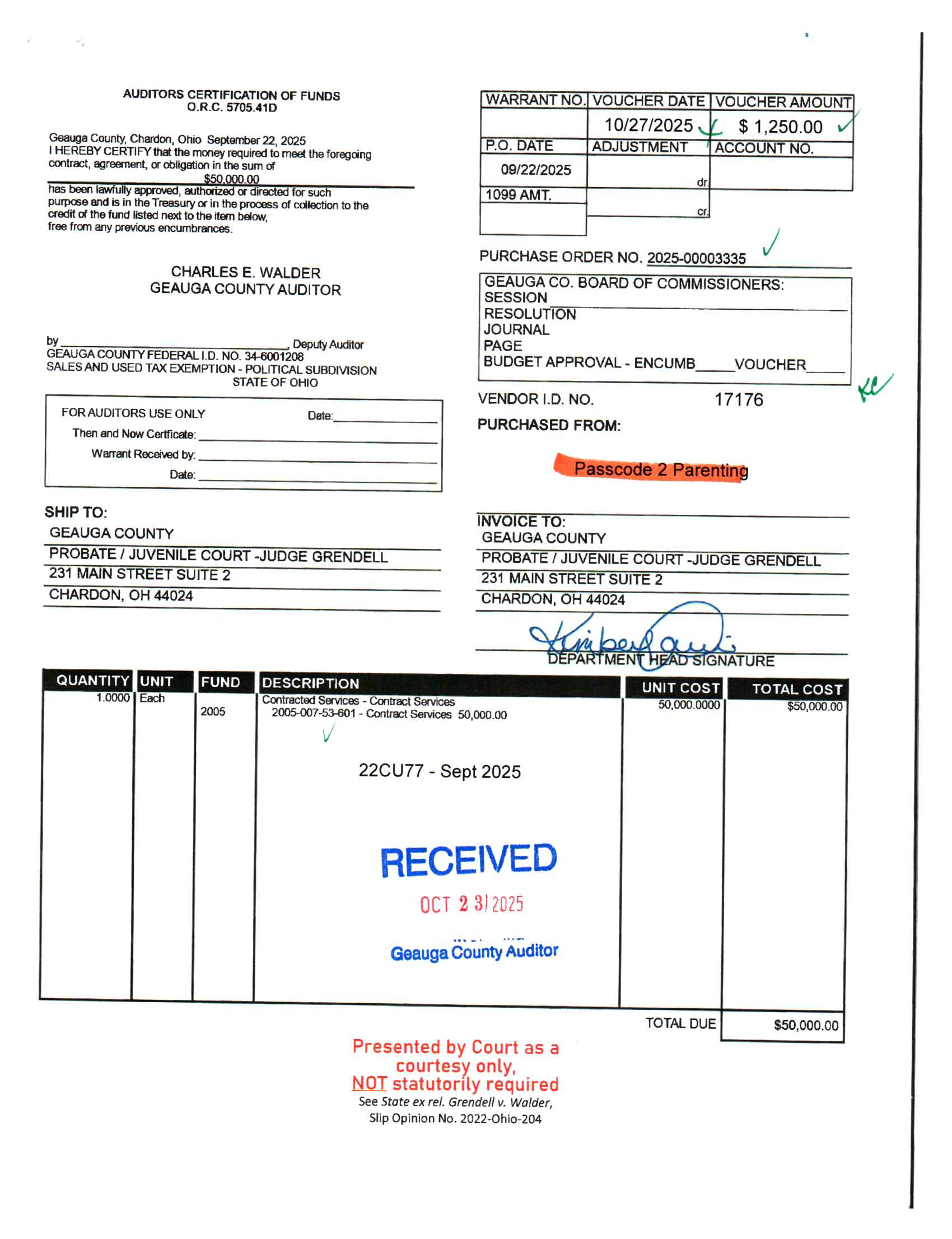 Auditor's Certification of Funds