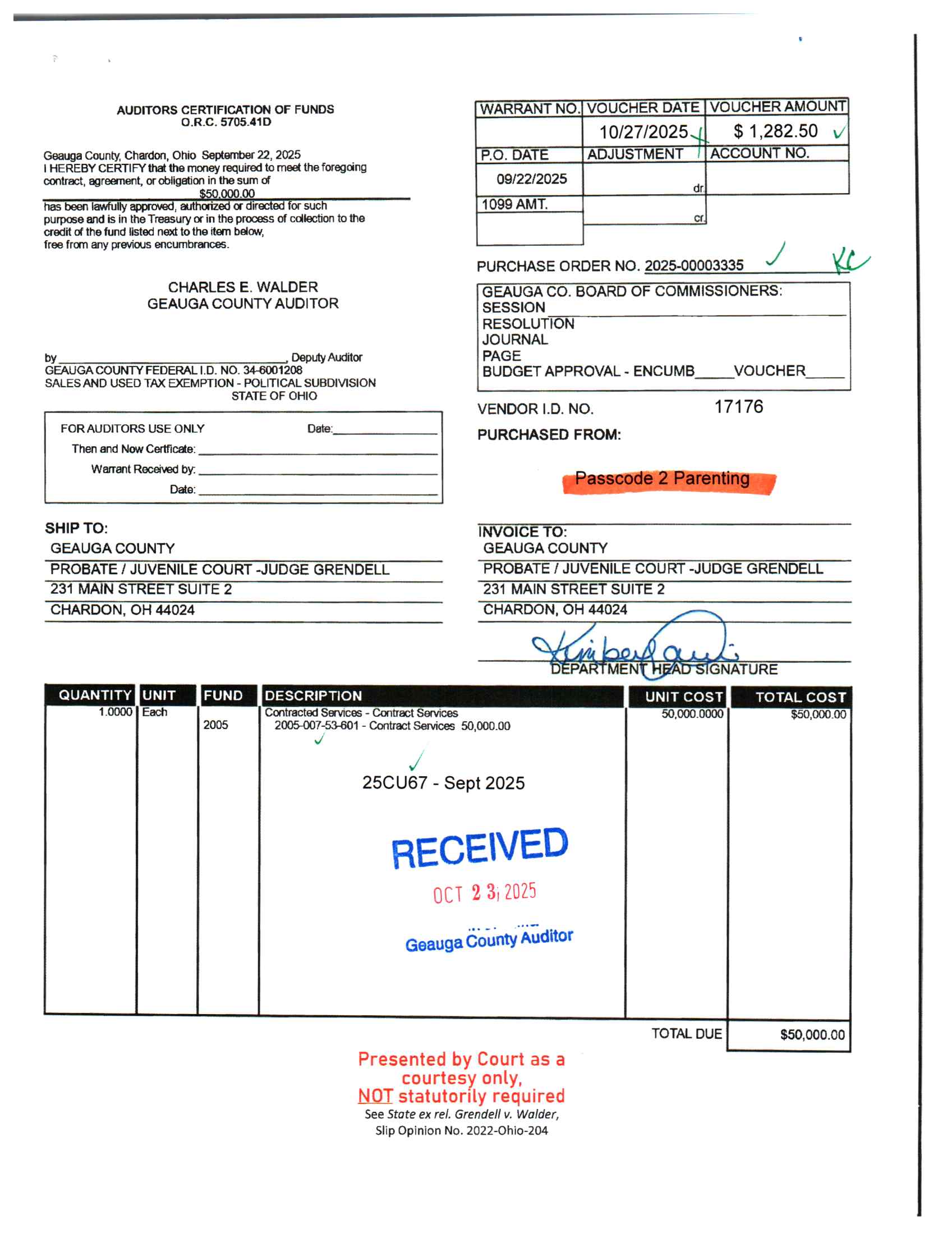 Auditor's Certification of Funds