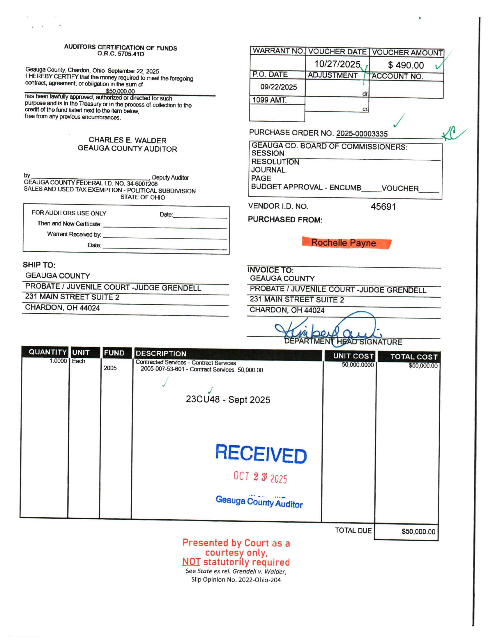 Auditor's Certification of Funds