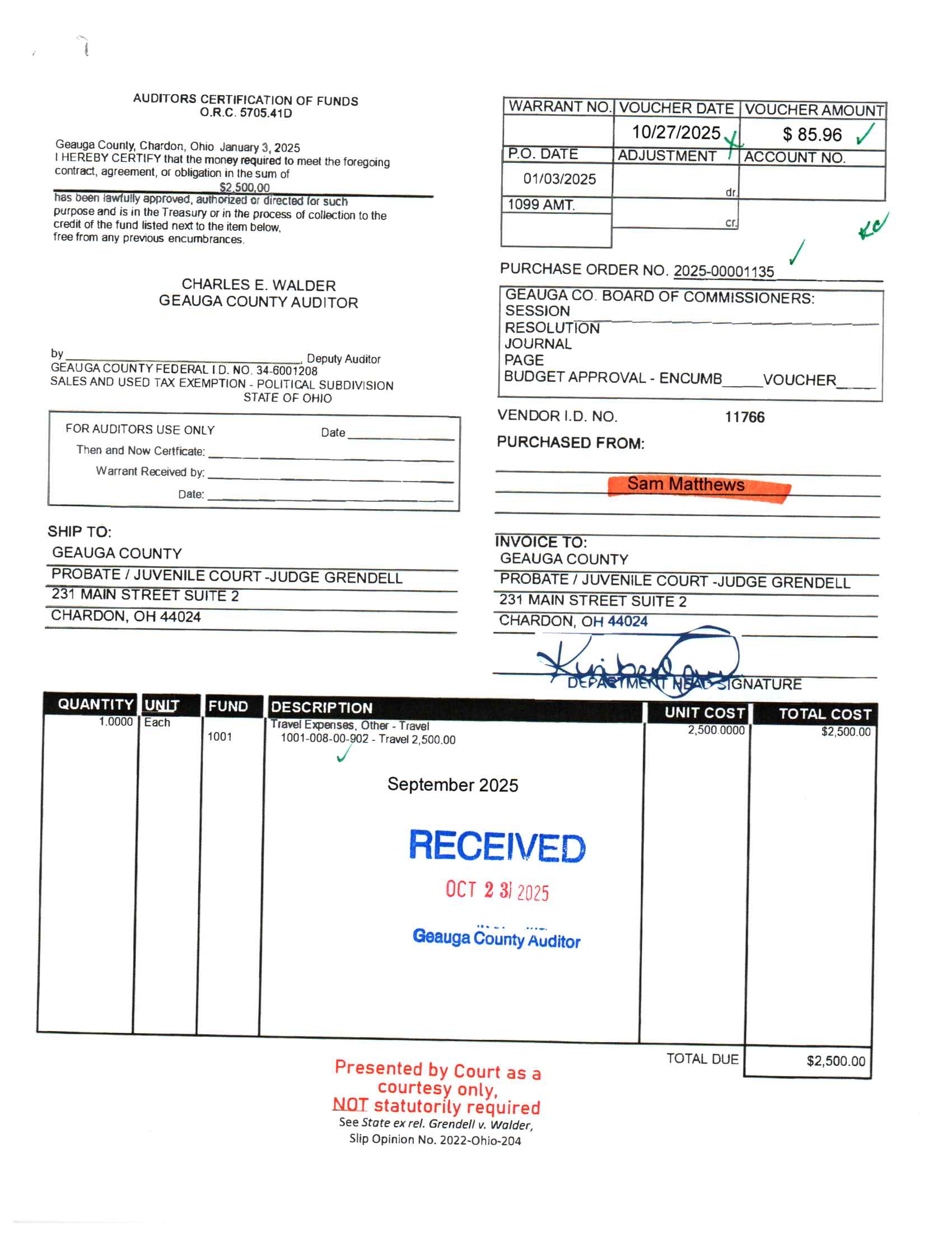 Auditor's Certification of Funds