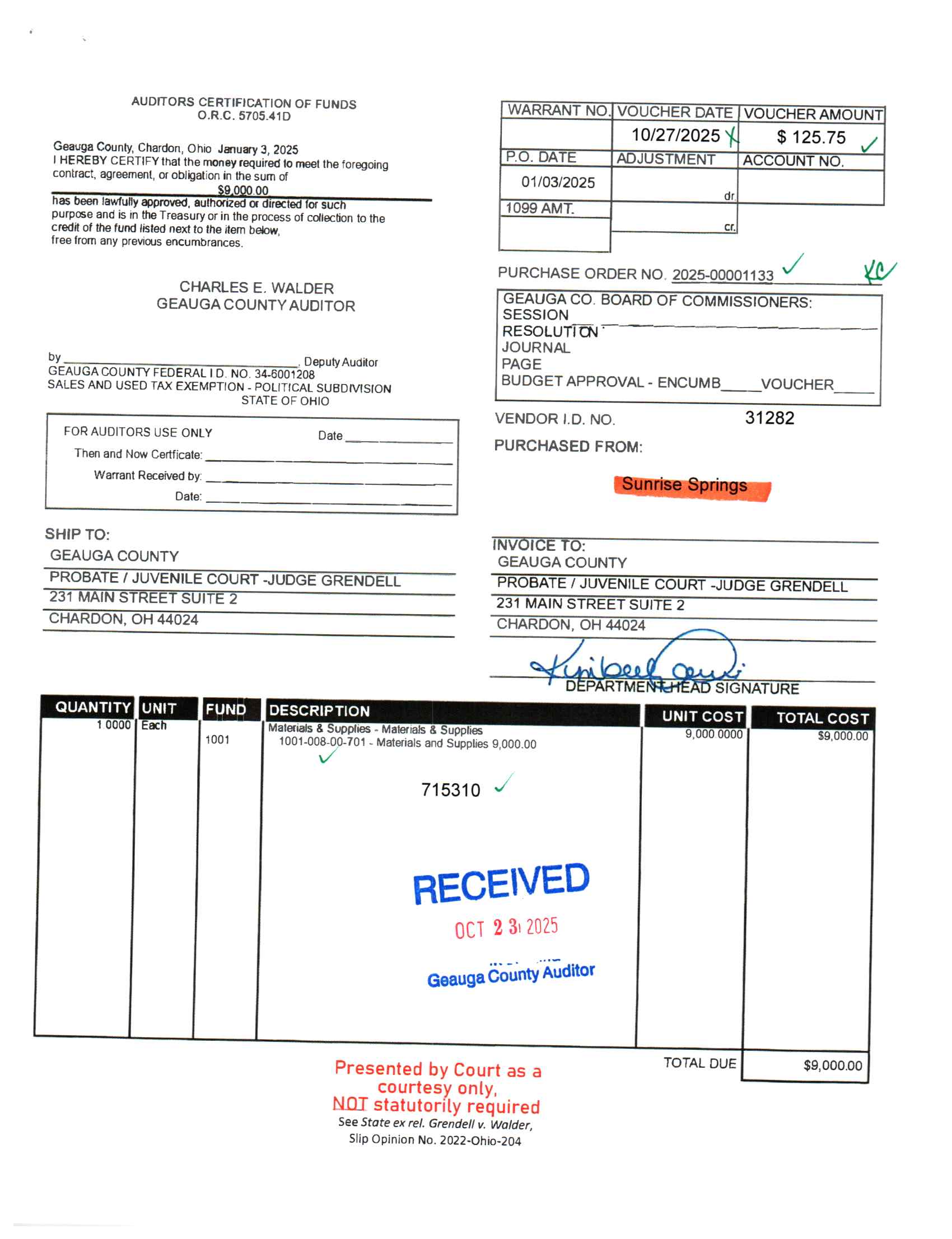 Auditor's Certification of Funds