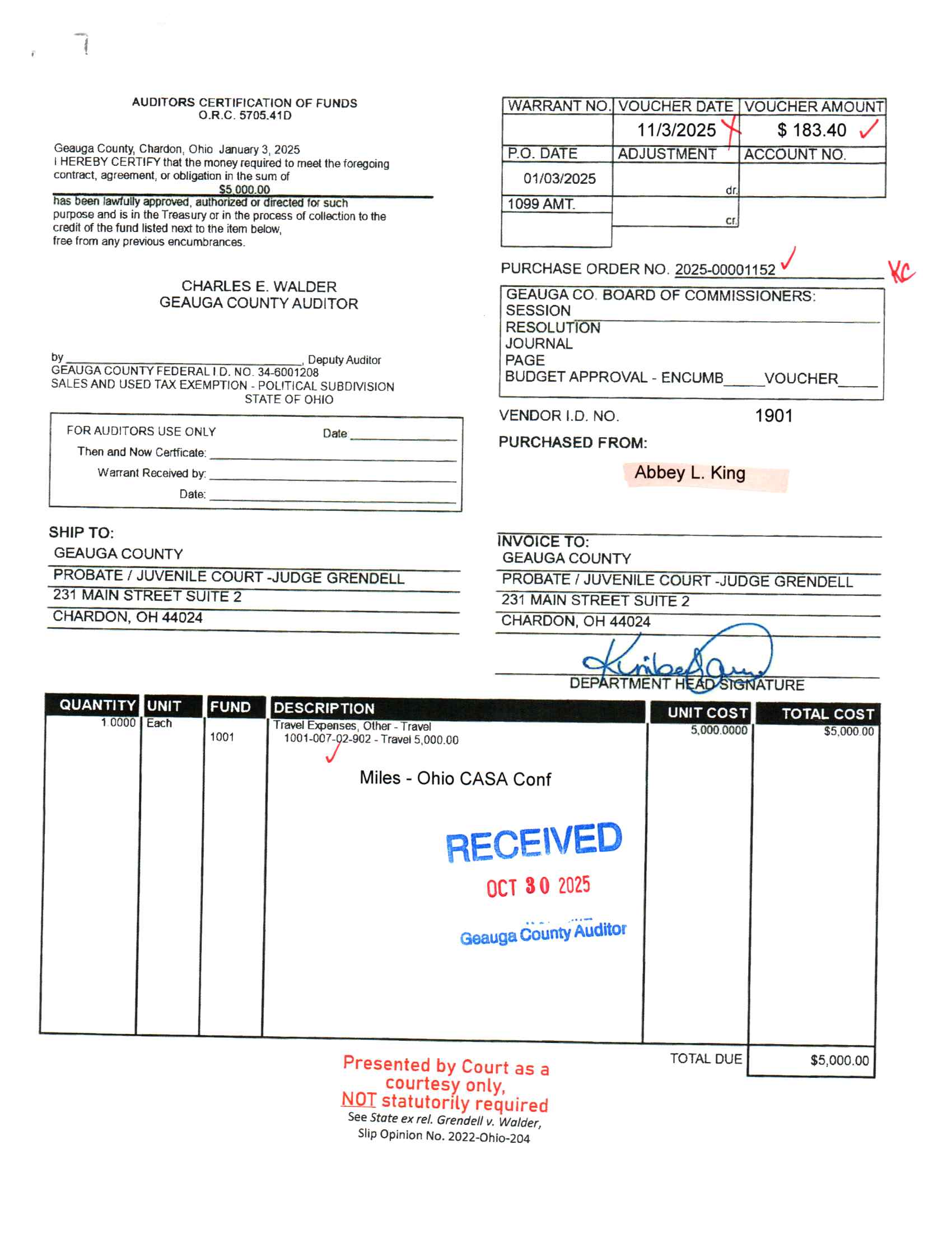 Auditor's Certification of Funds