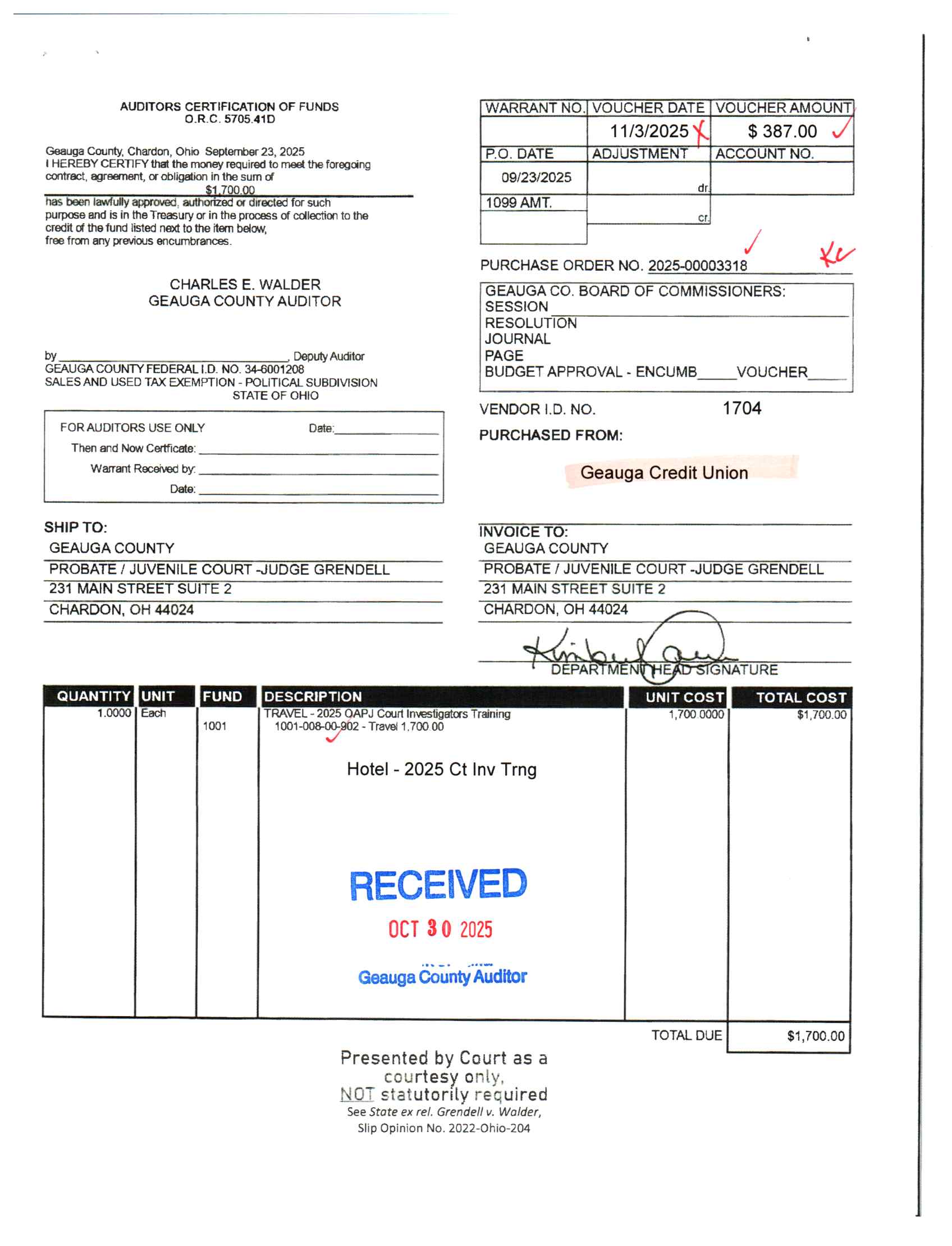Auditor's Certification of Funds