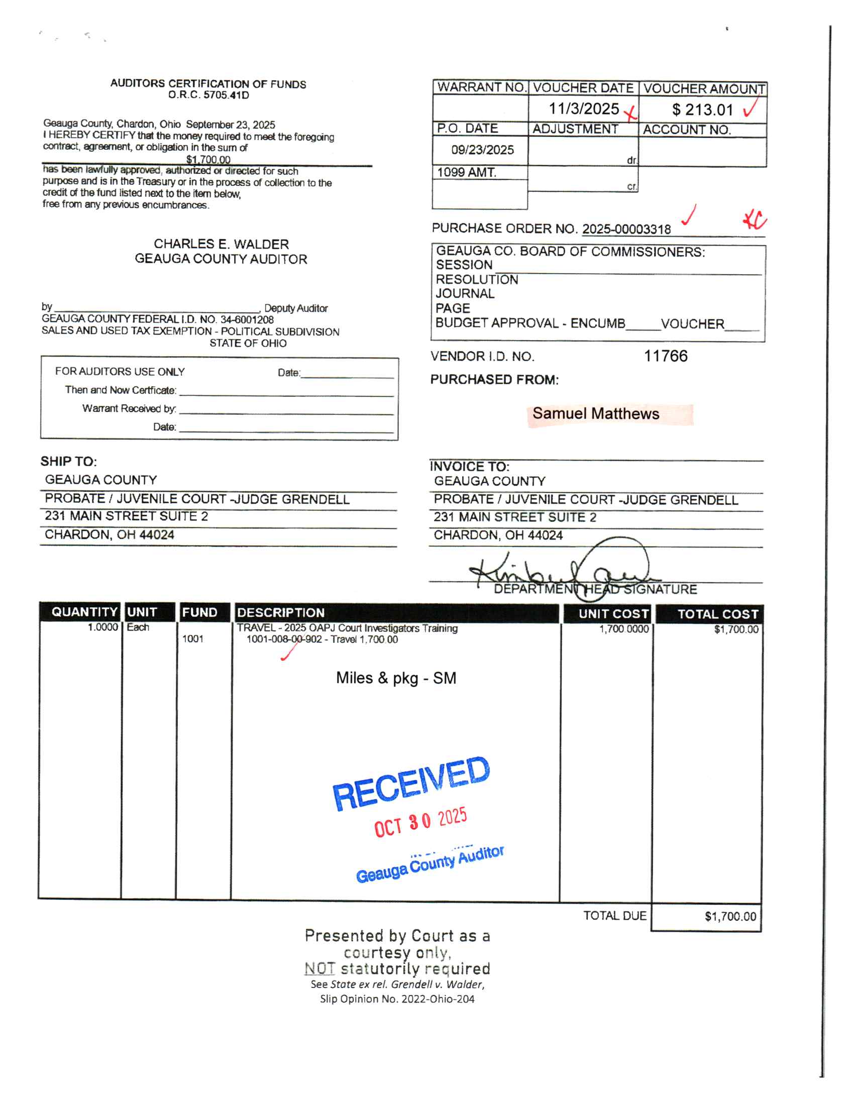 Auditor's Certification of Funds