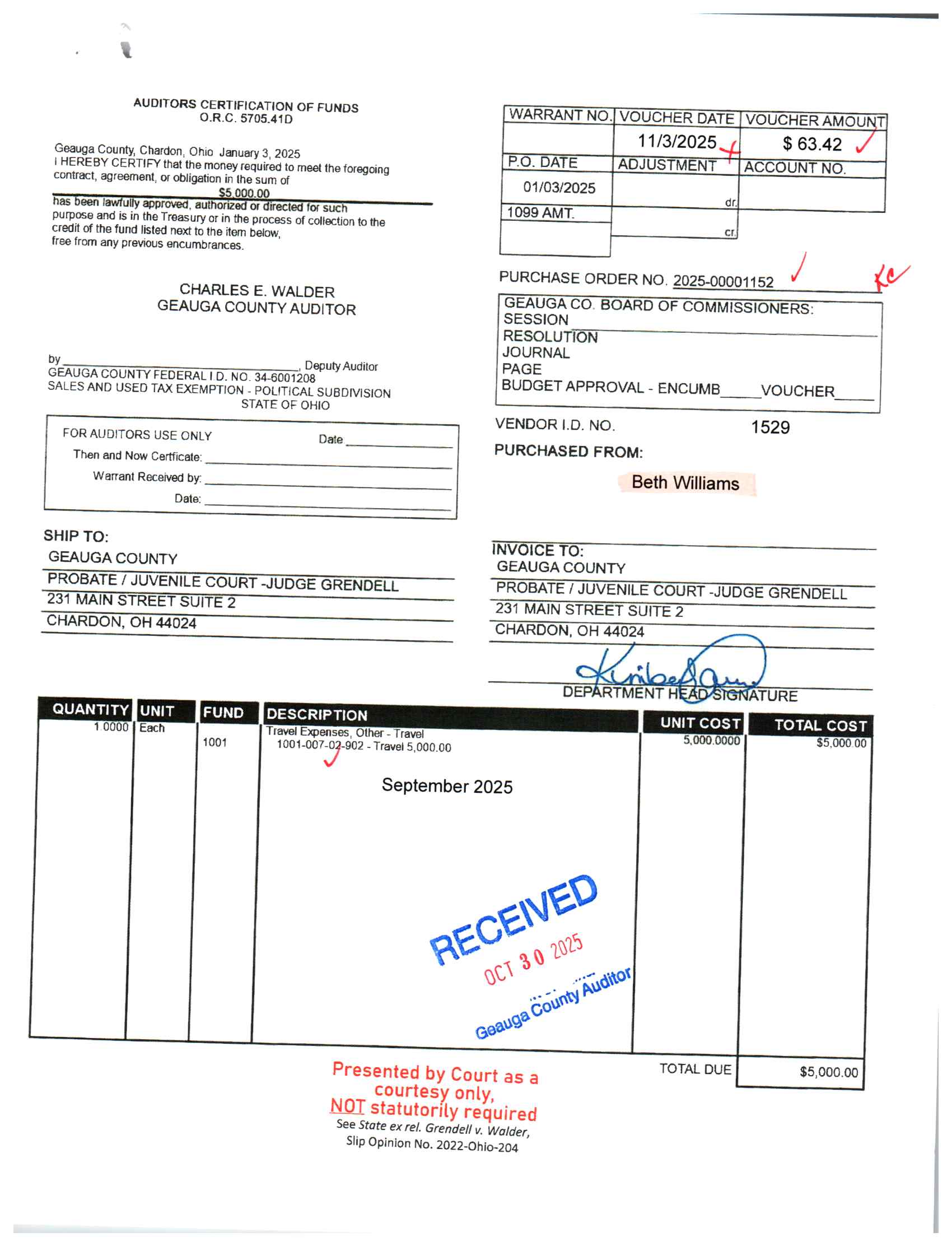 Auditor's Certification of Funds