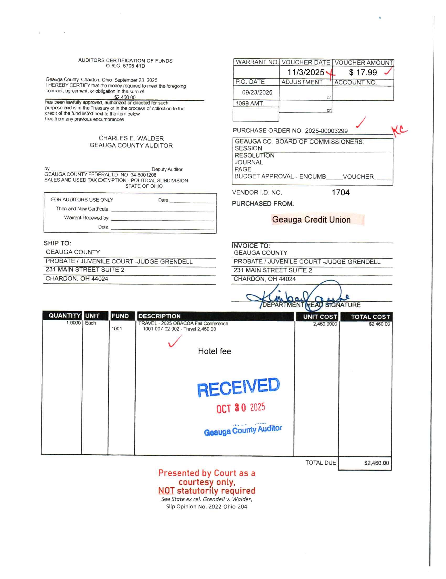 Auditor's Certification of Funds