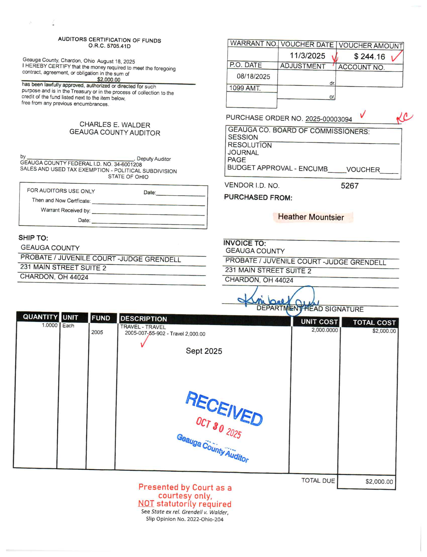 Auditor's Certification of Funds