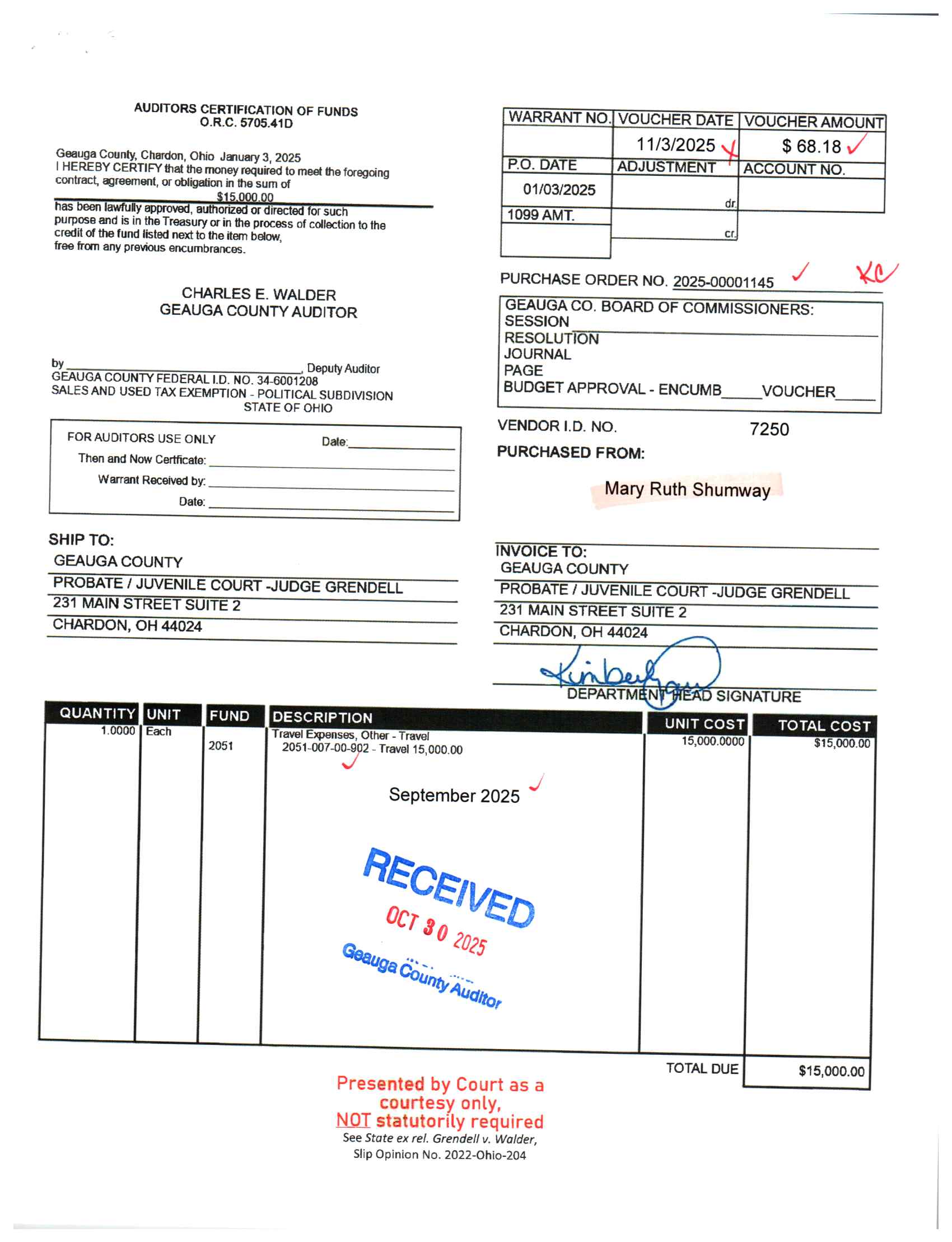 Auditor's Certification of Funds