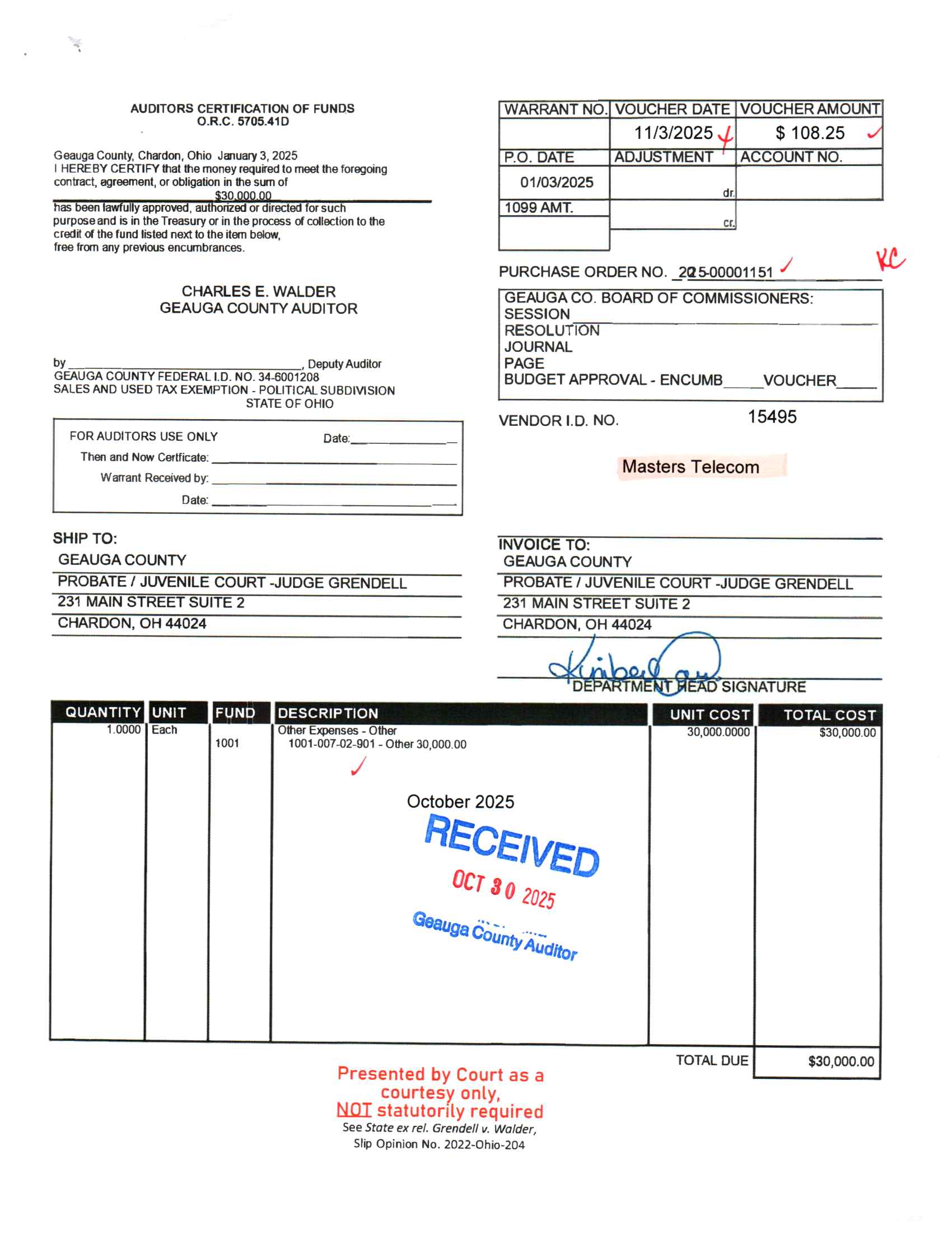 Auditor's Certification of Funds