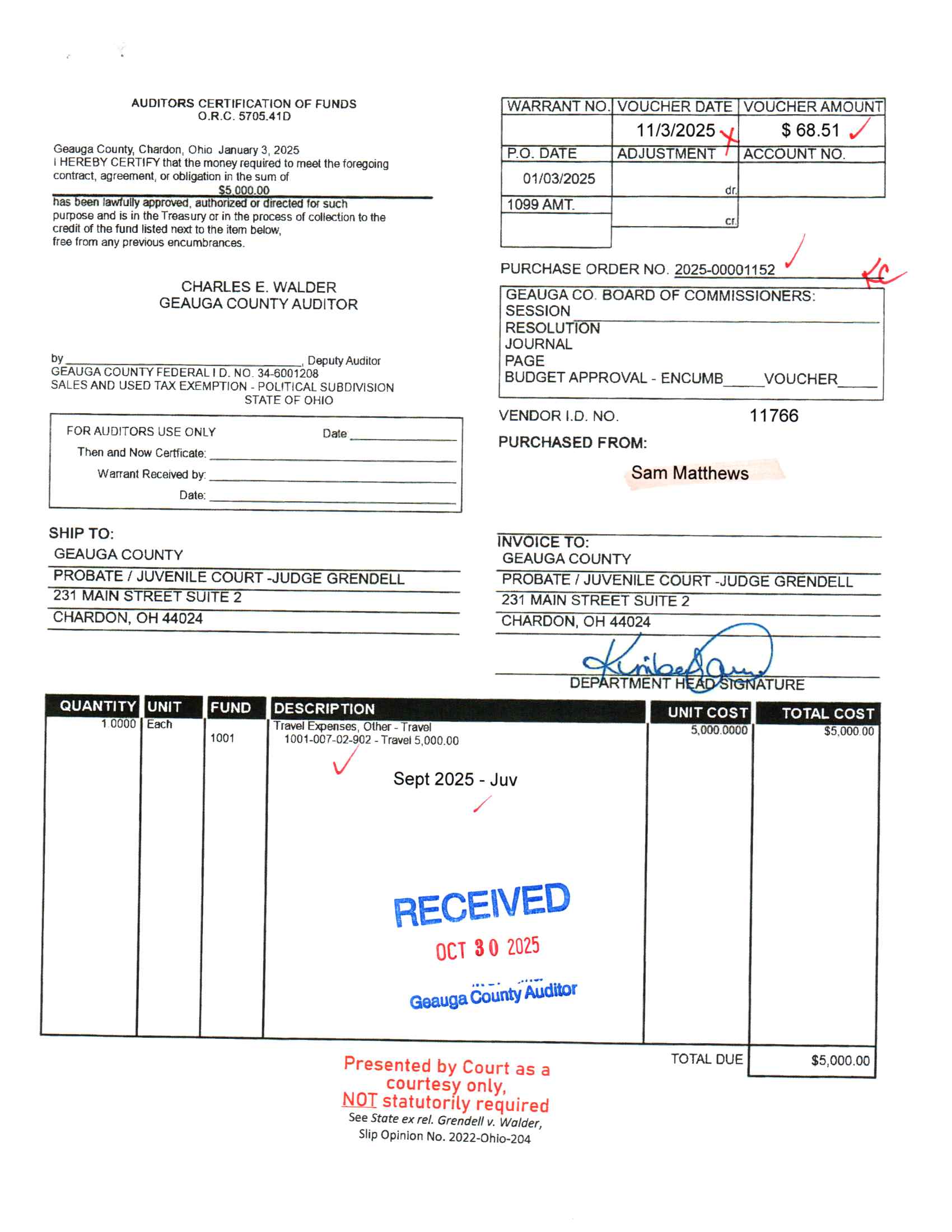 Auditor's Certification of Funds