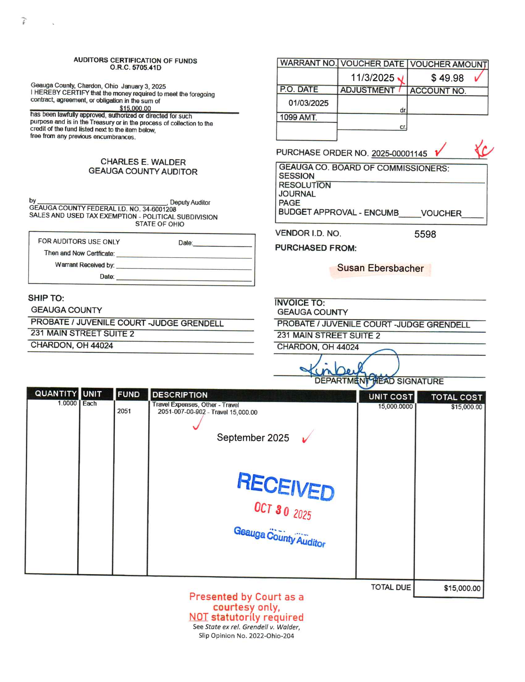 Auditor's Certification of Funds