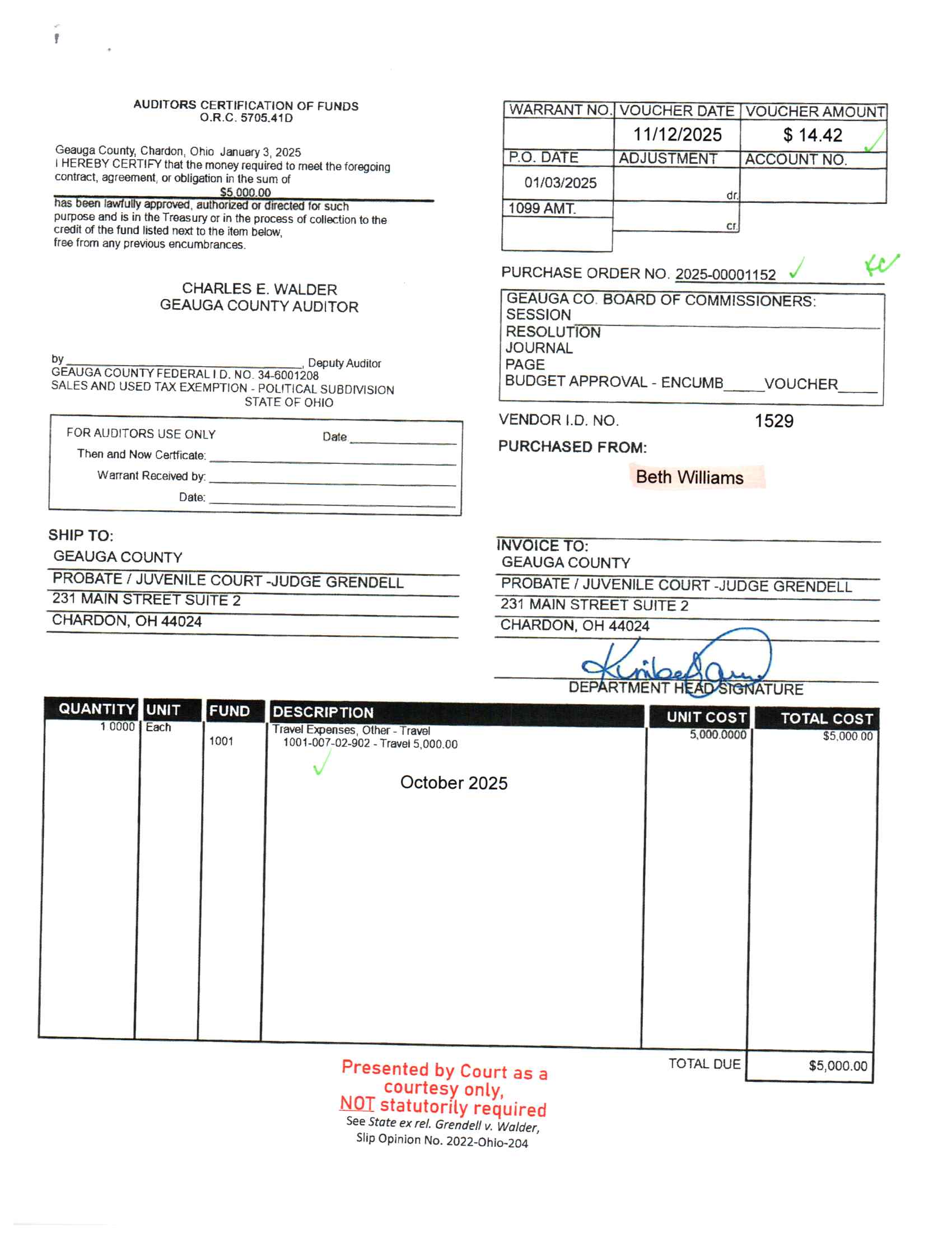 Auditor's Certification of Funds