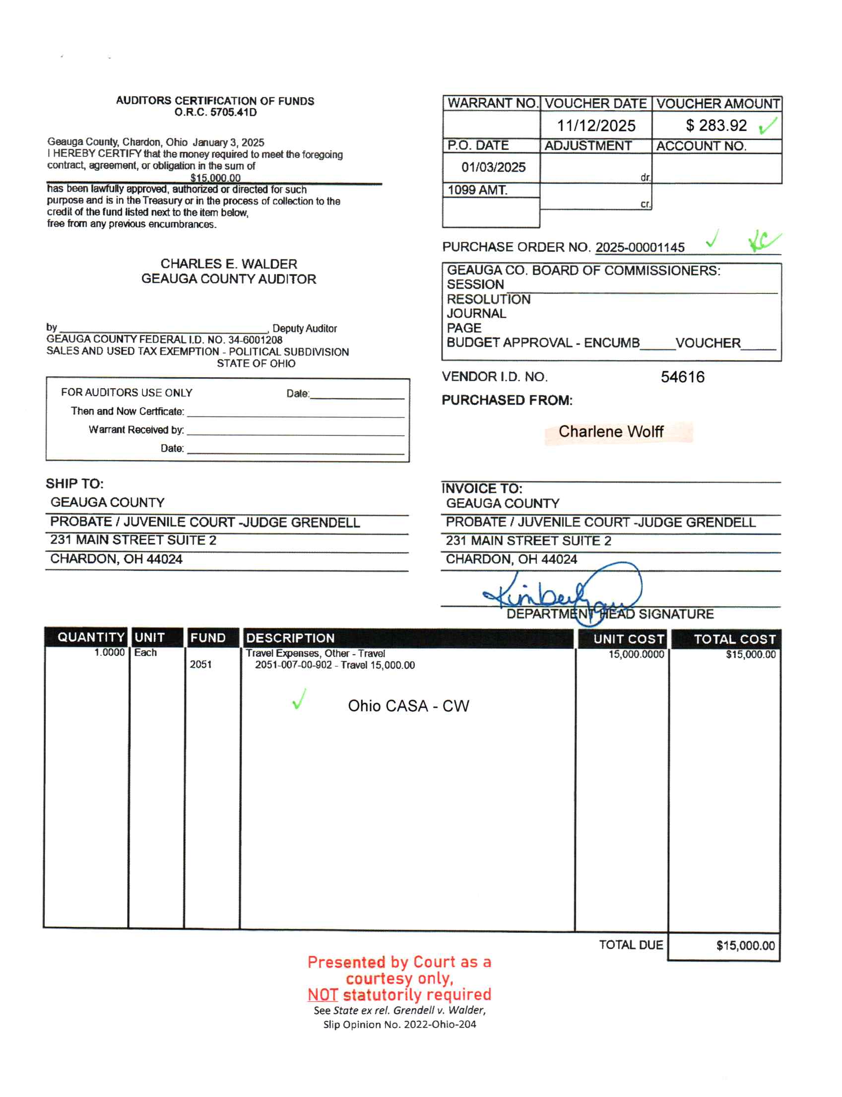 Auditor's Certification of Funds