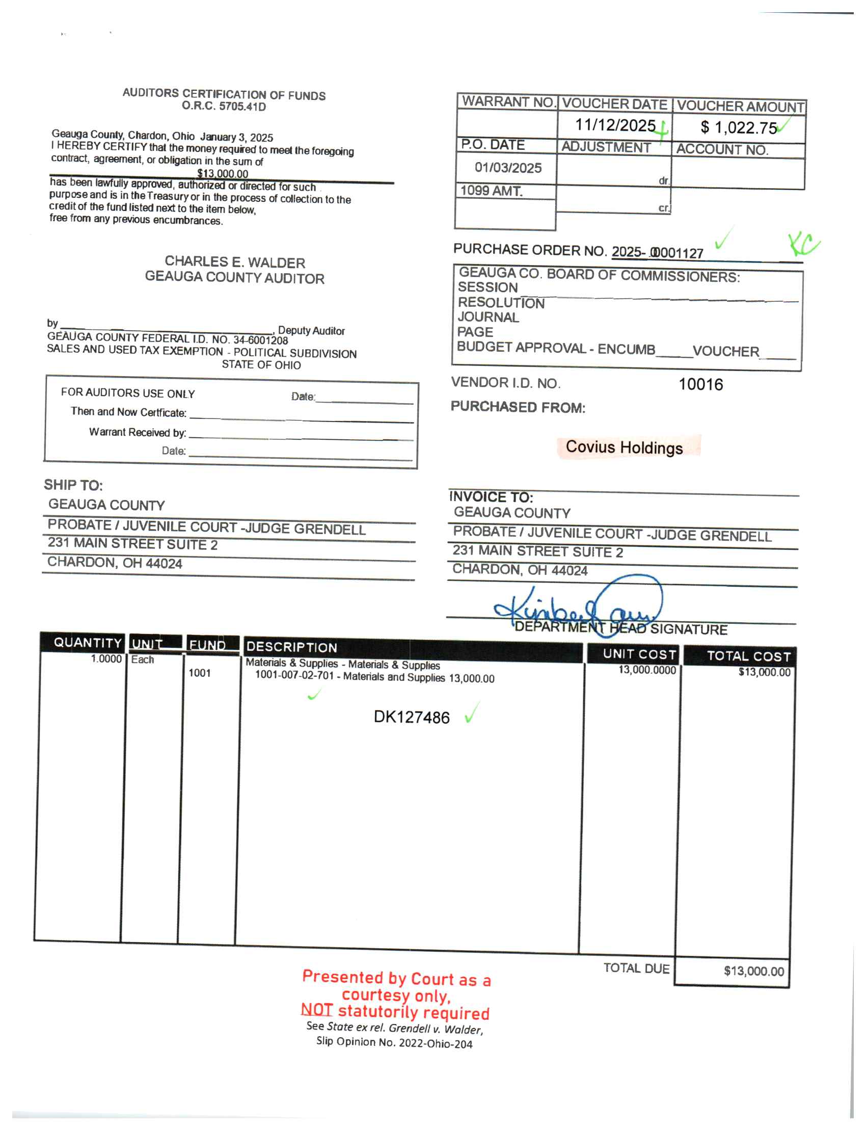 Auditor's Certification of Funds