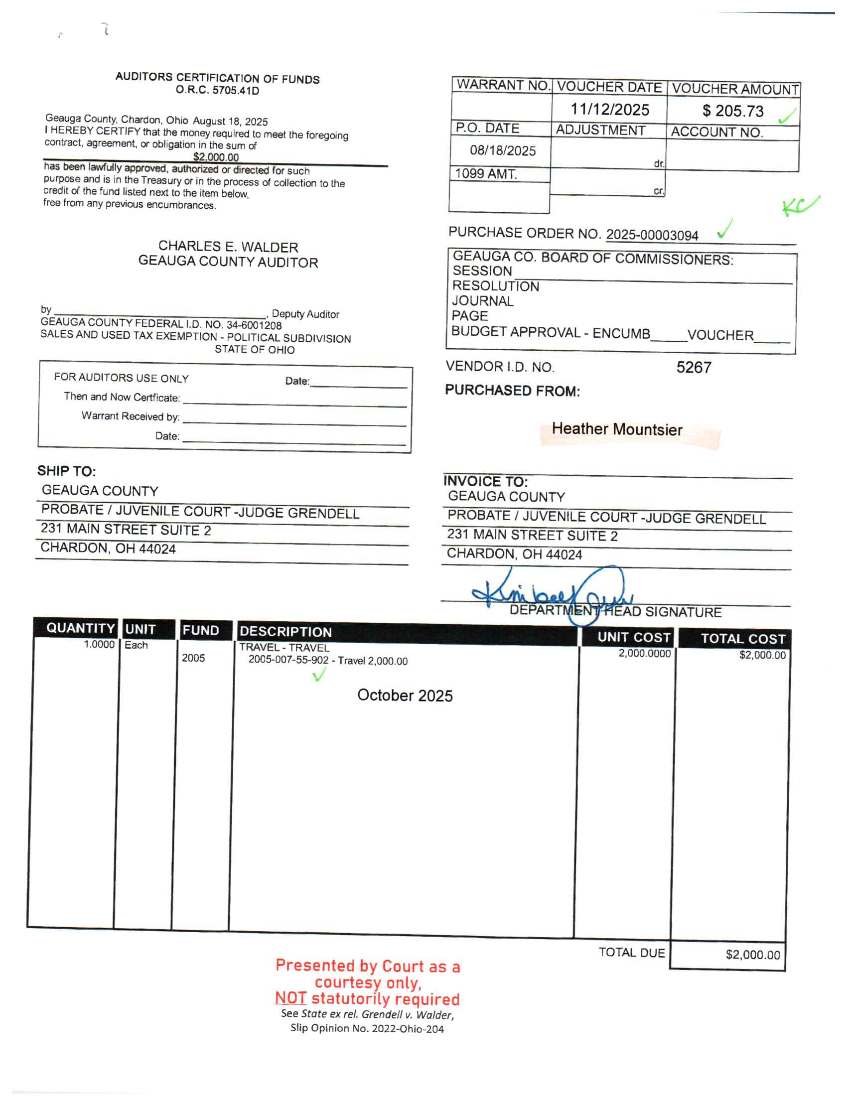 Auditor's Certification of Funds