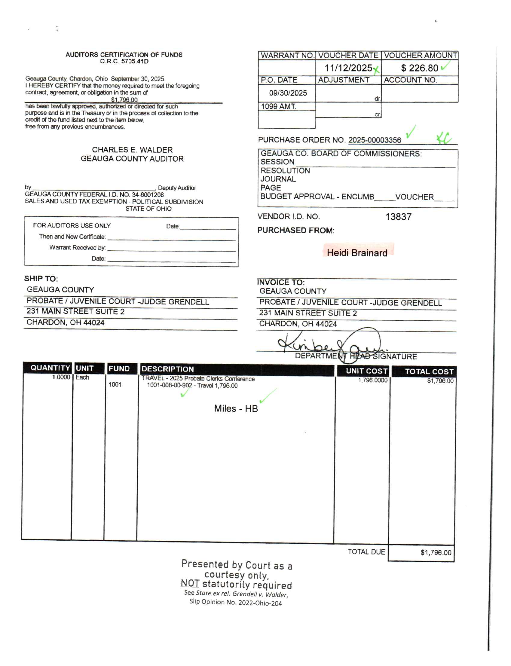 Auditor's Certification of Funds