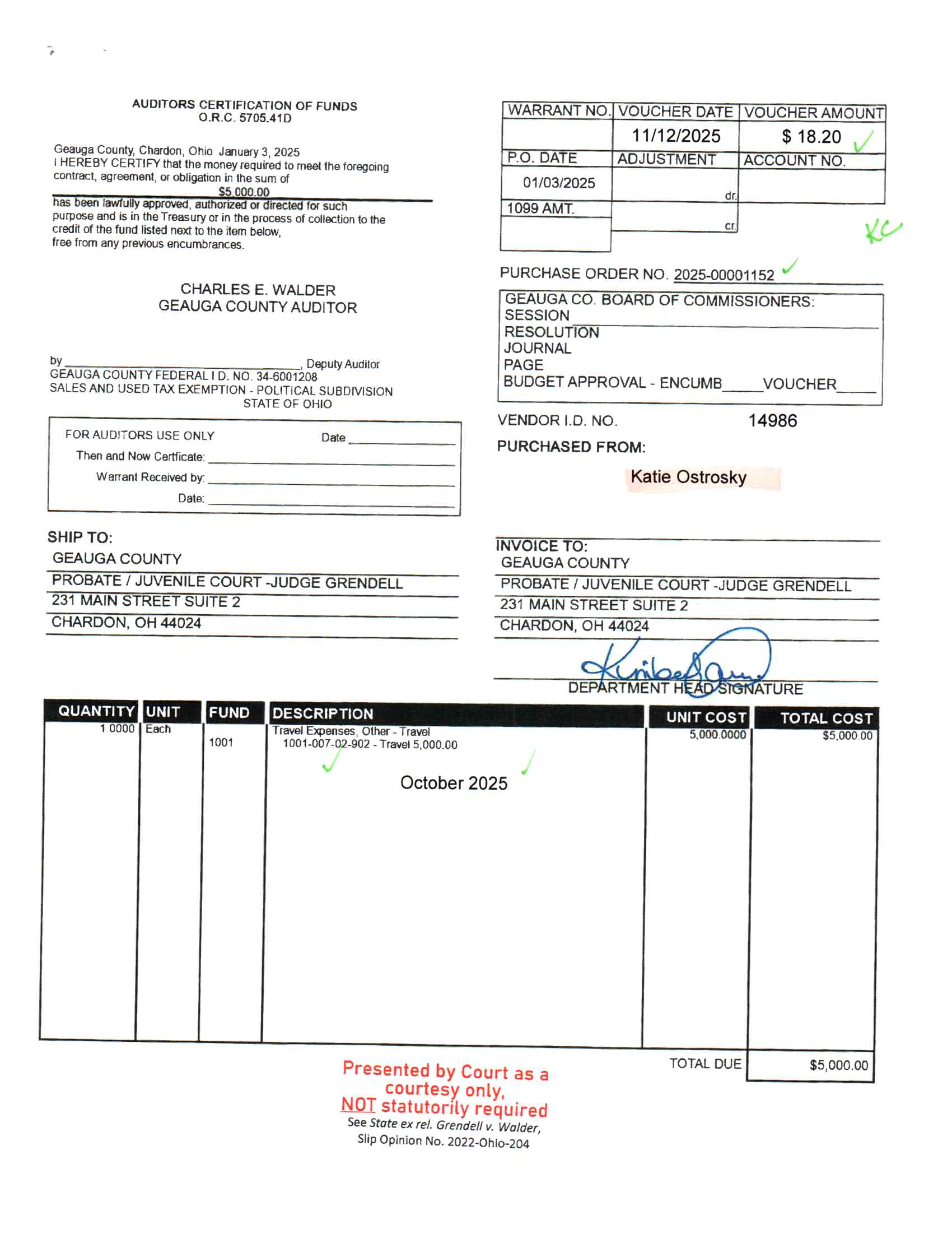 Auditor's Certification of Funds