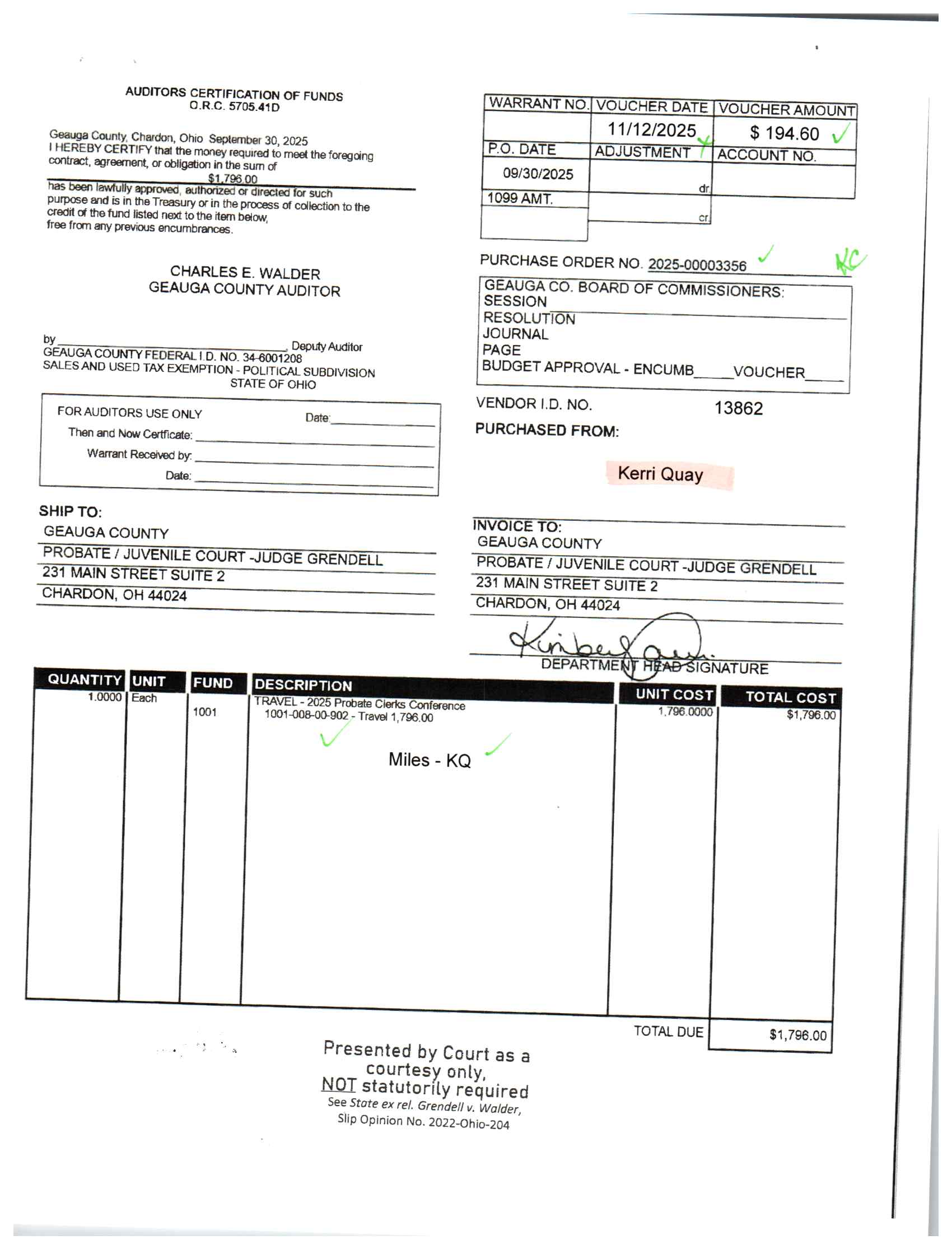 Auditor's Certification of Funds