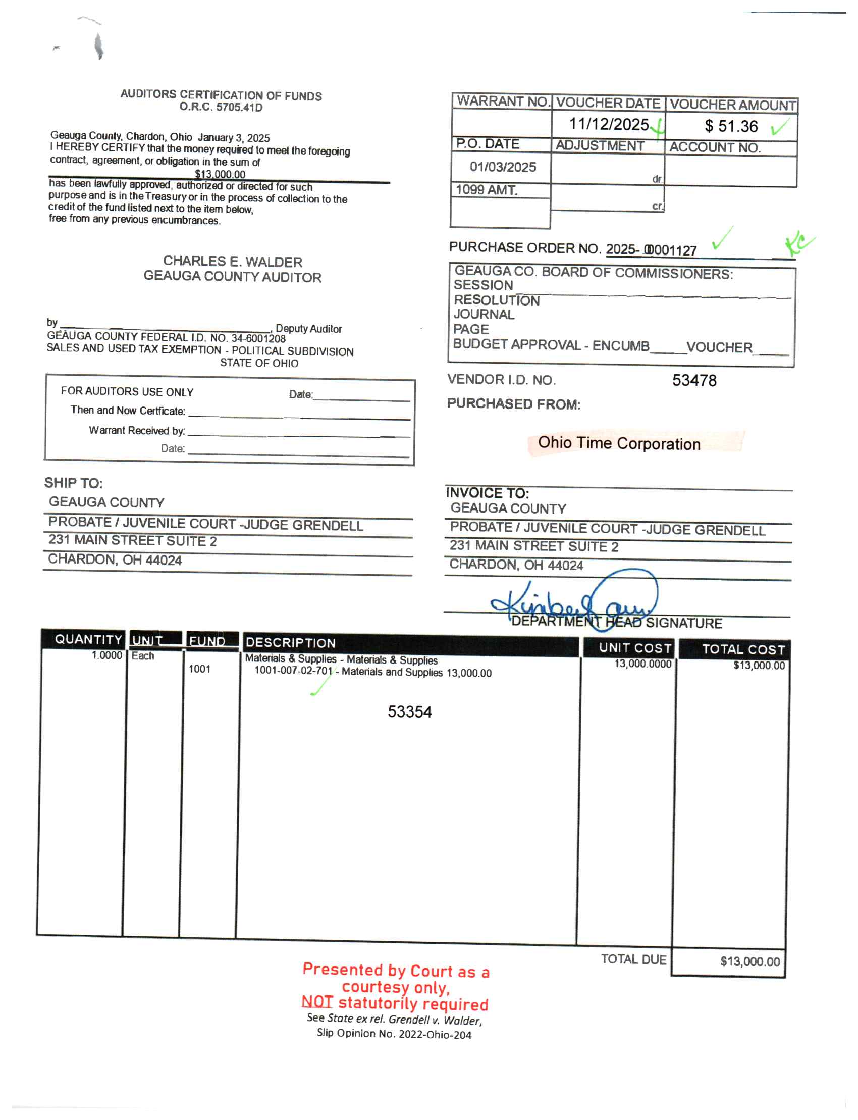 Auditor's Certification of Funds