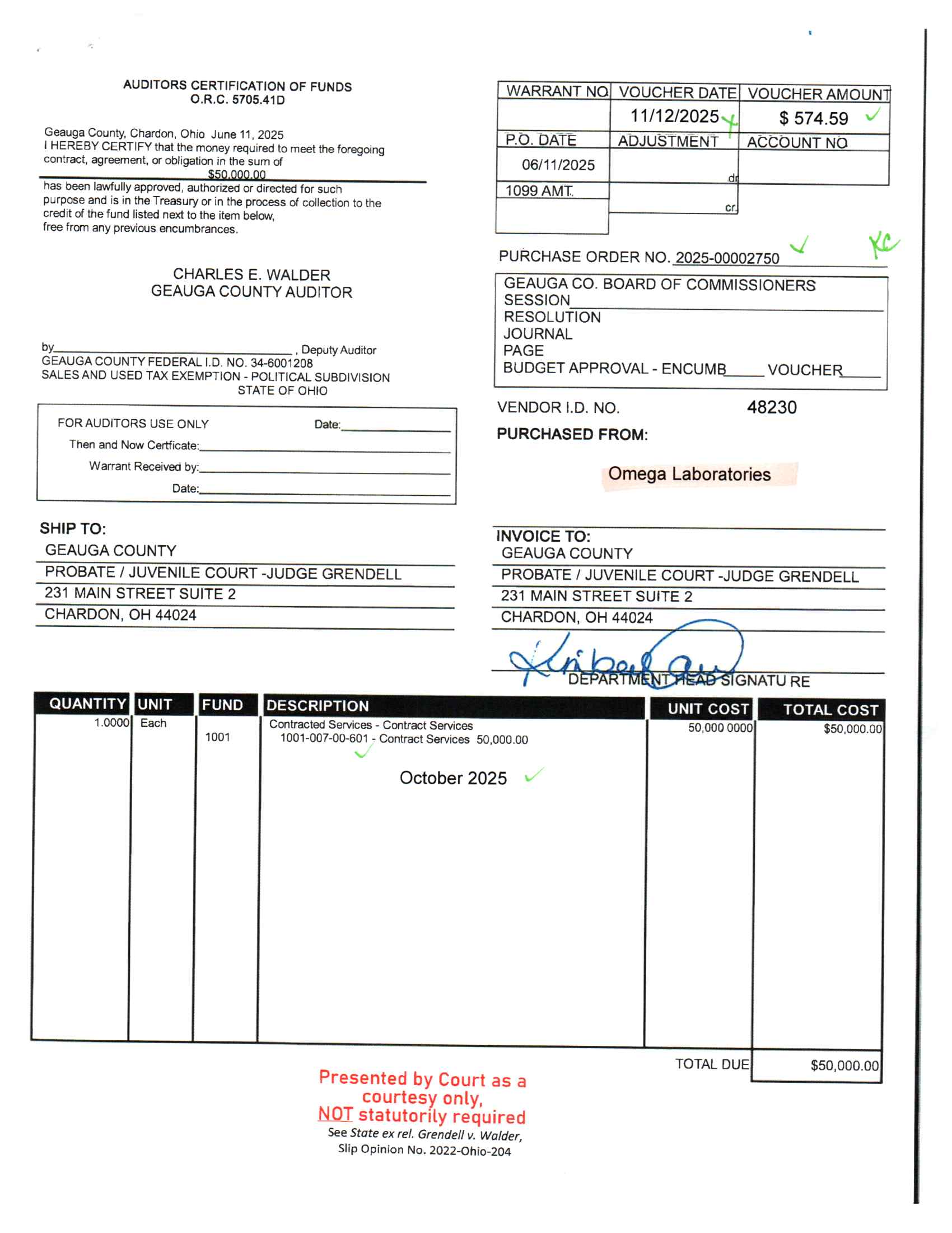 Auditor's Certification of Funds