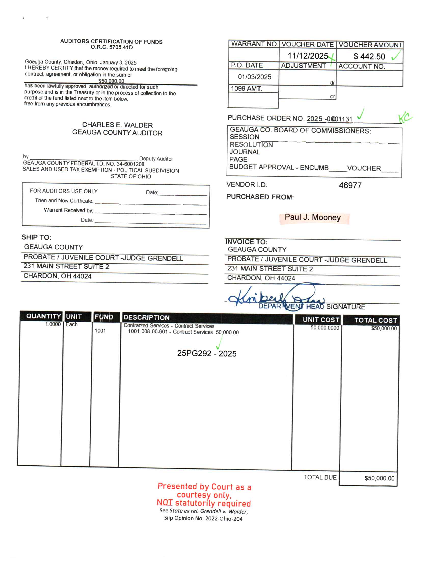 Auditor's Certification of Funds