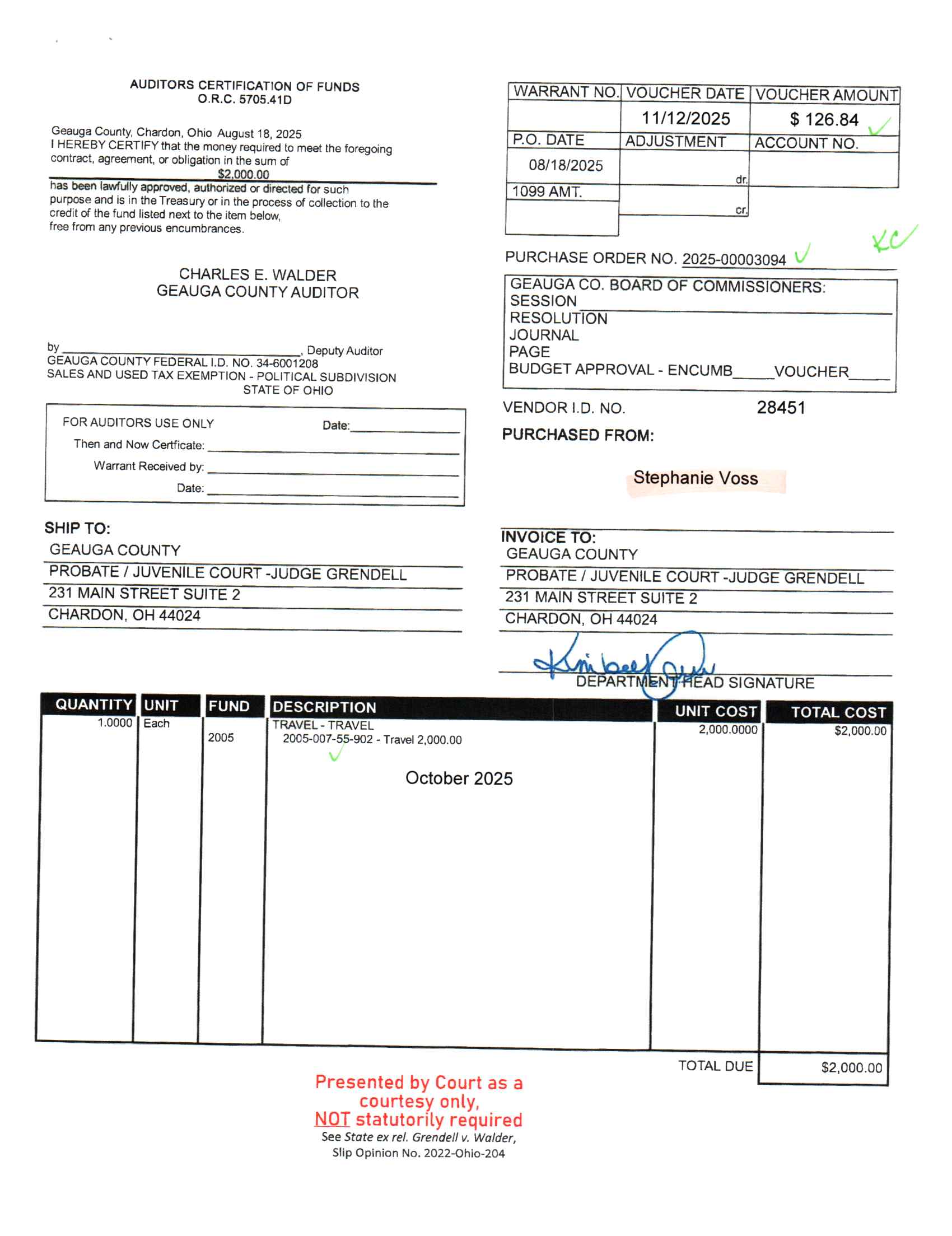 Auditor's Certification of Funds