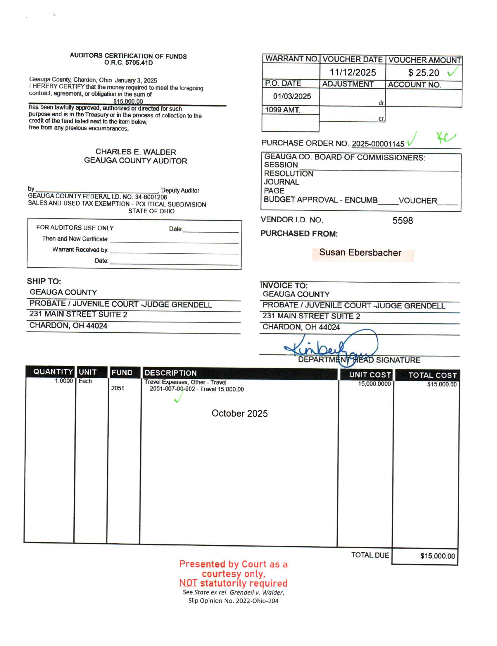 Auditor's Certification of Funds