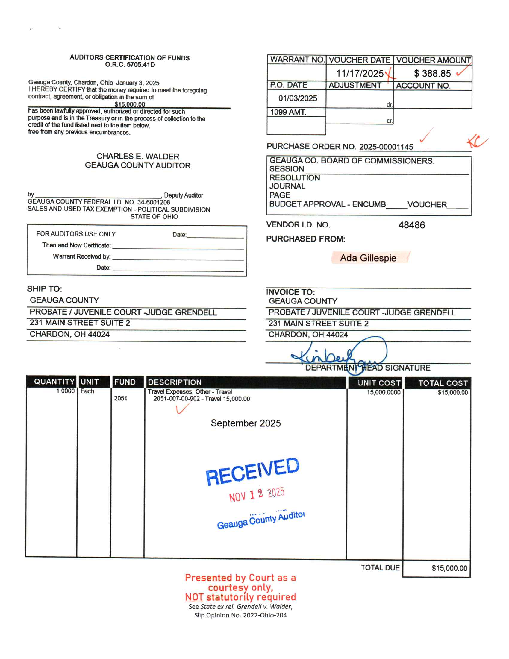 Auditor's Certification of Funds