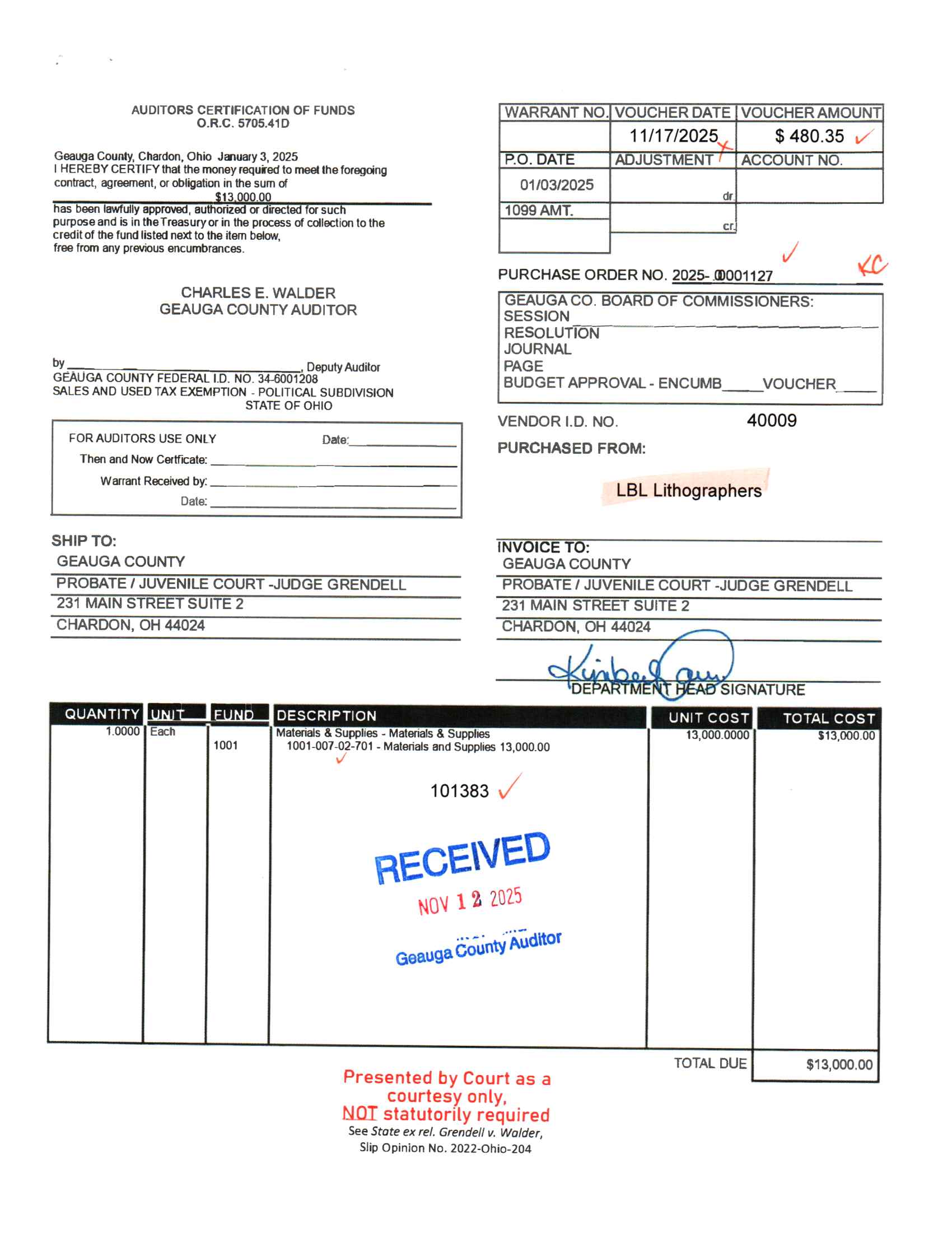 Auditor's Certification of Funds