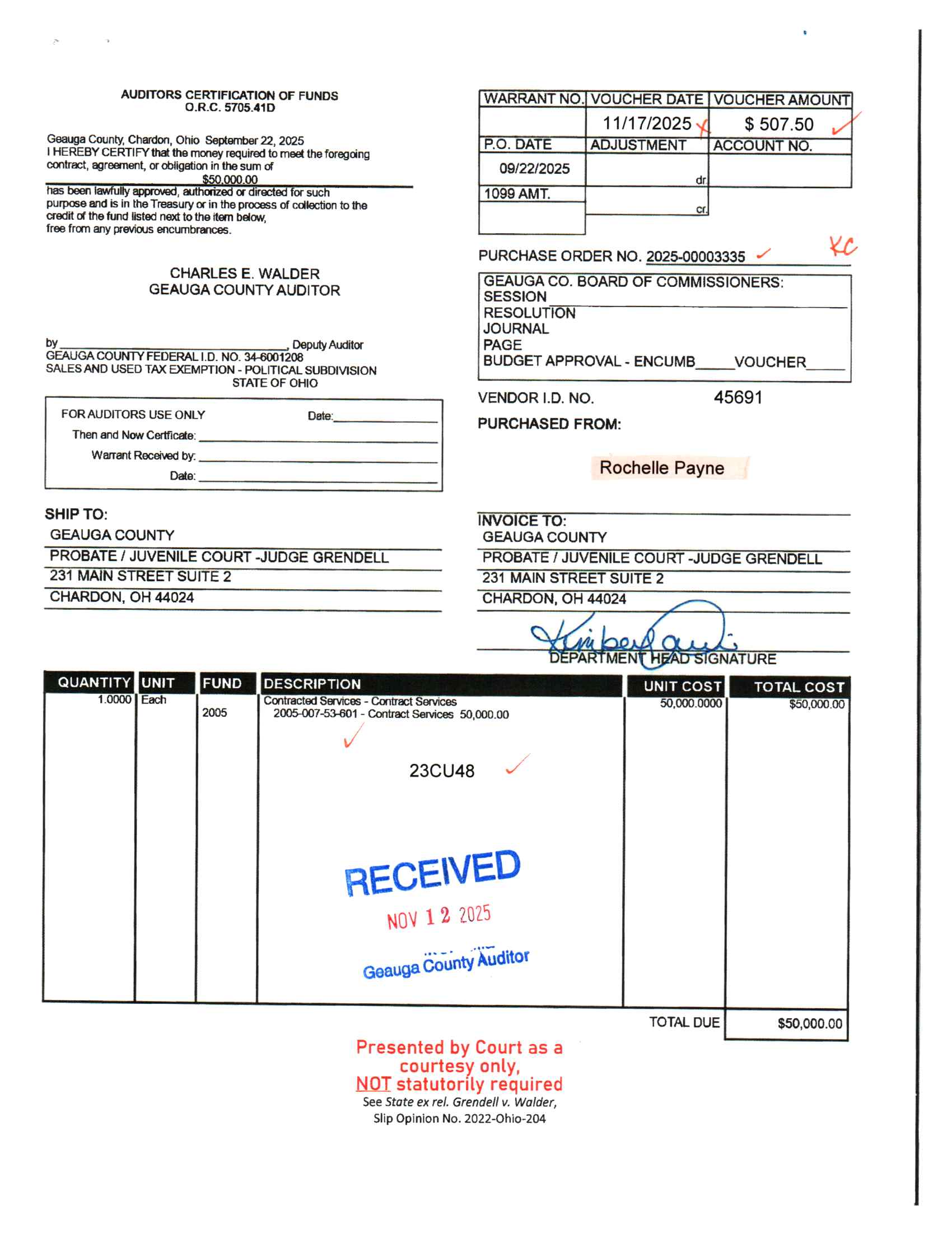 Auditor's Certification of Funds