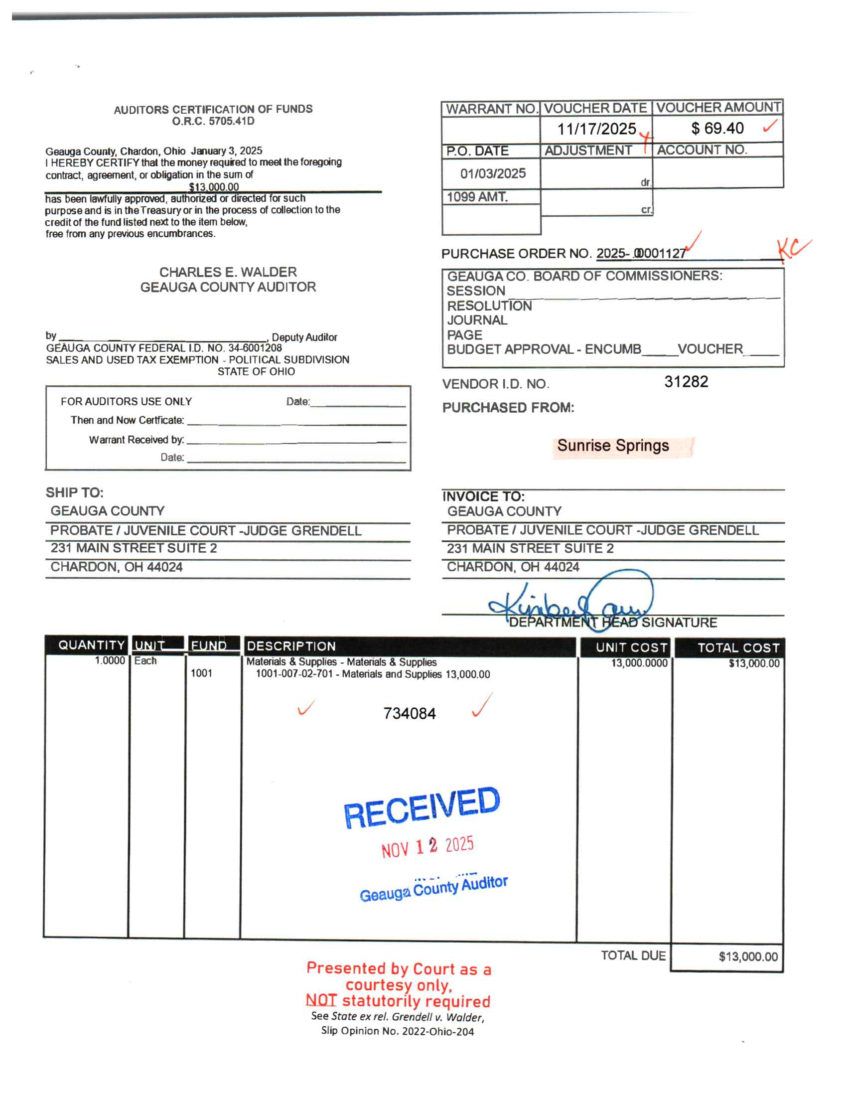 Auditor's Certification of Funds