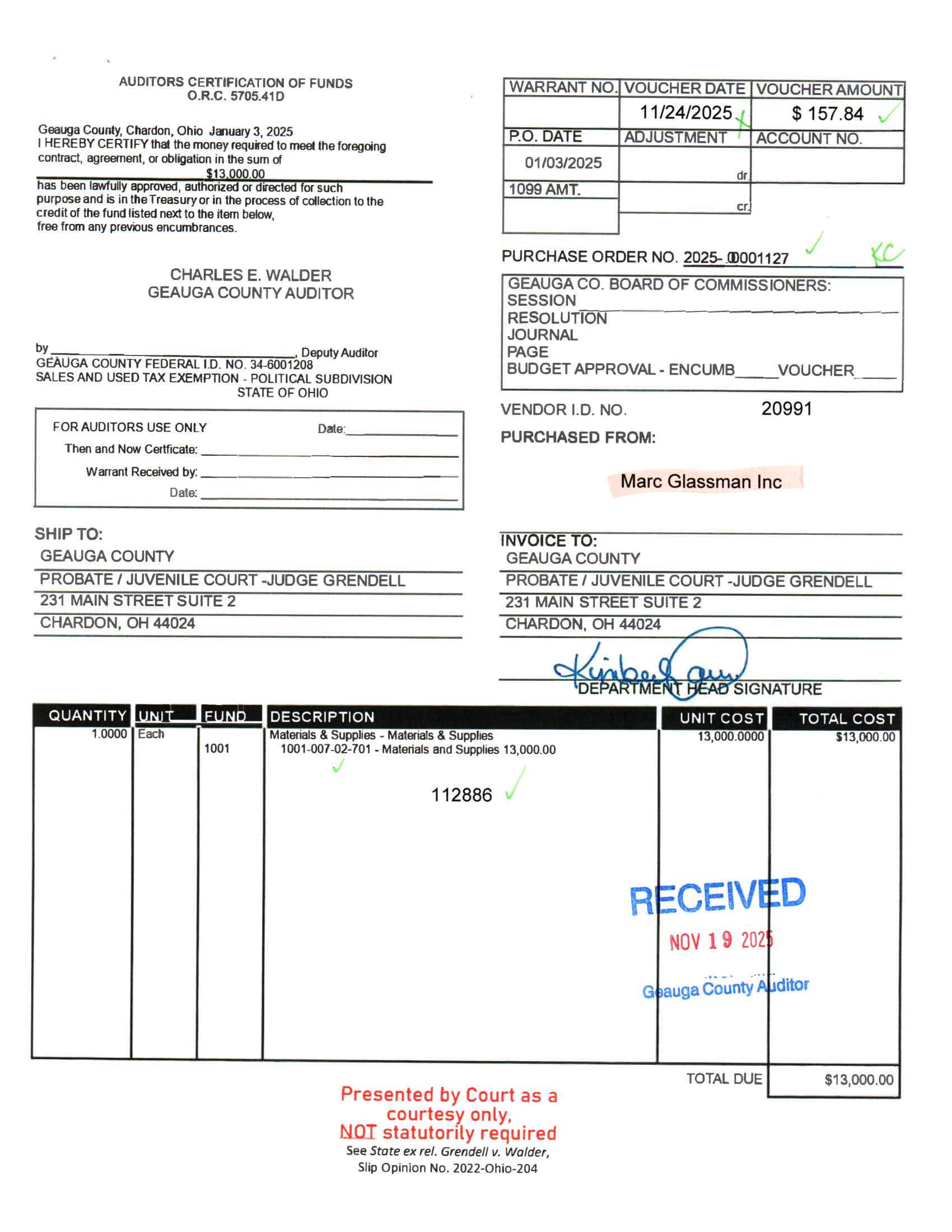 Auditor's Certification of Funds