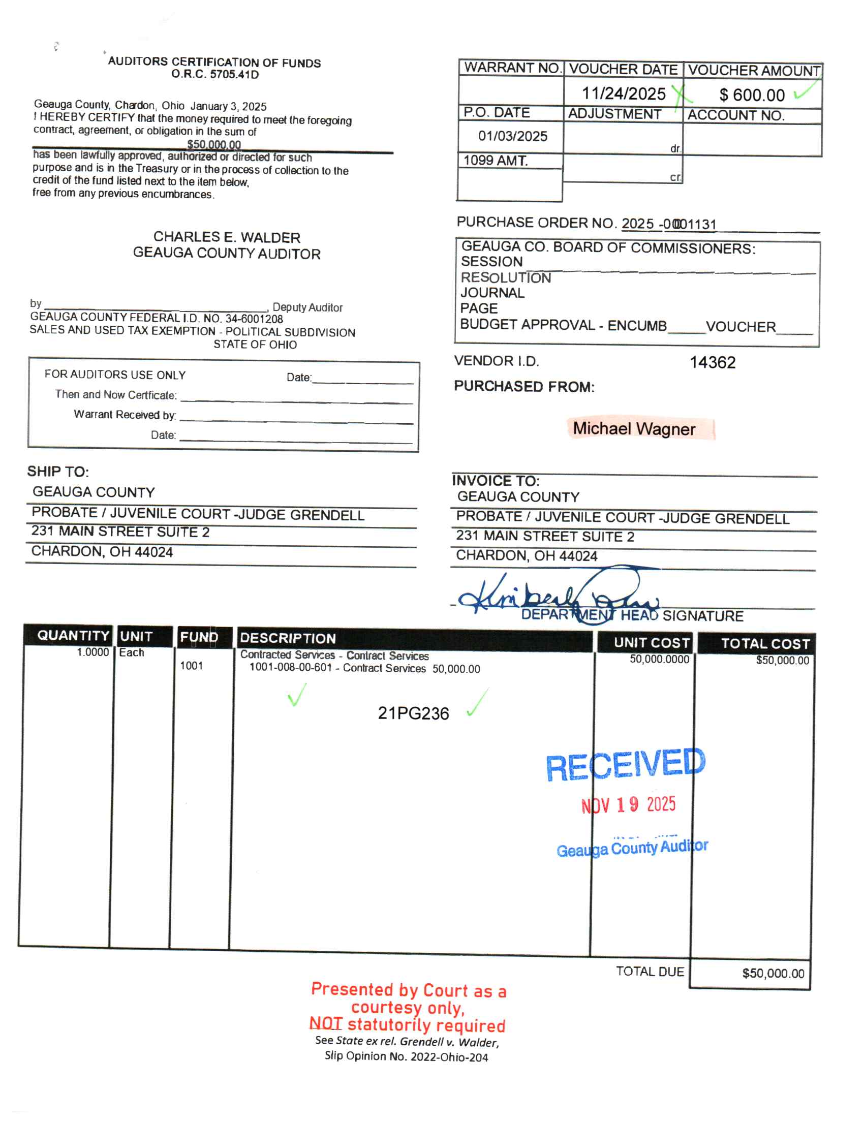 Auditor's Certification of Funds