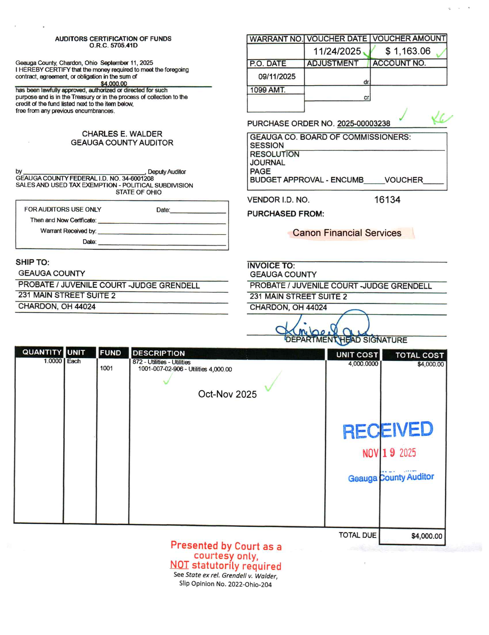 Auditor's Certification of Funds