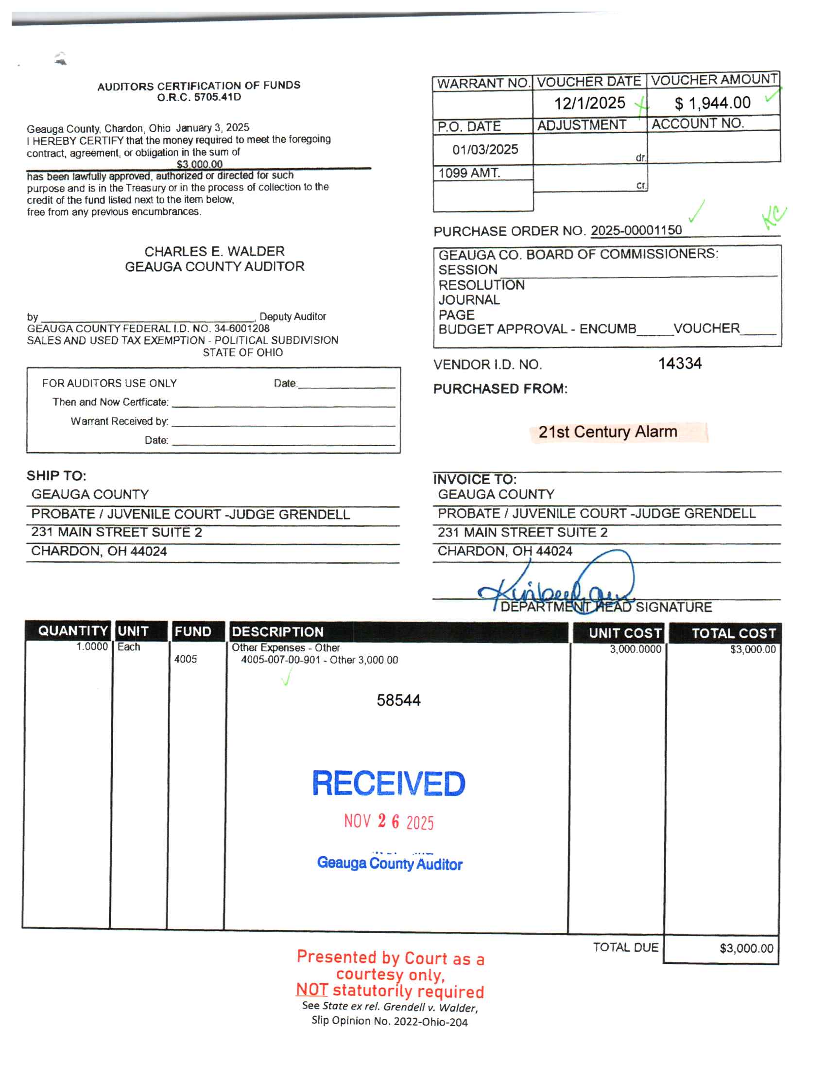 Auditor's Certification of Funds