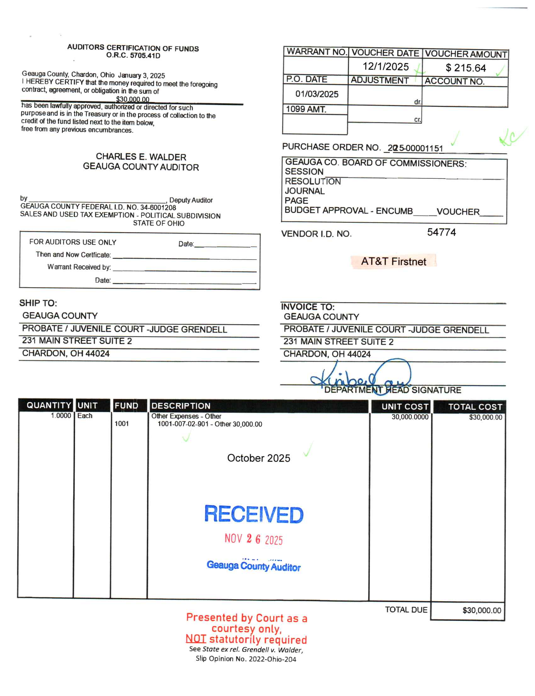 Auditor's Certification of Funds