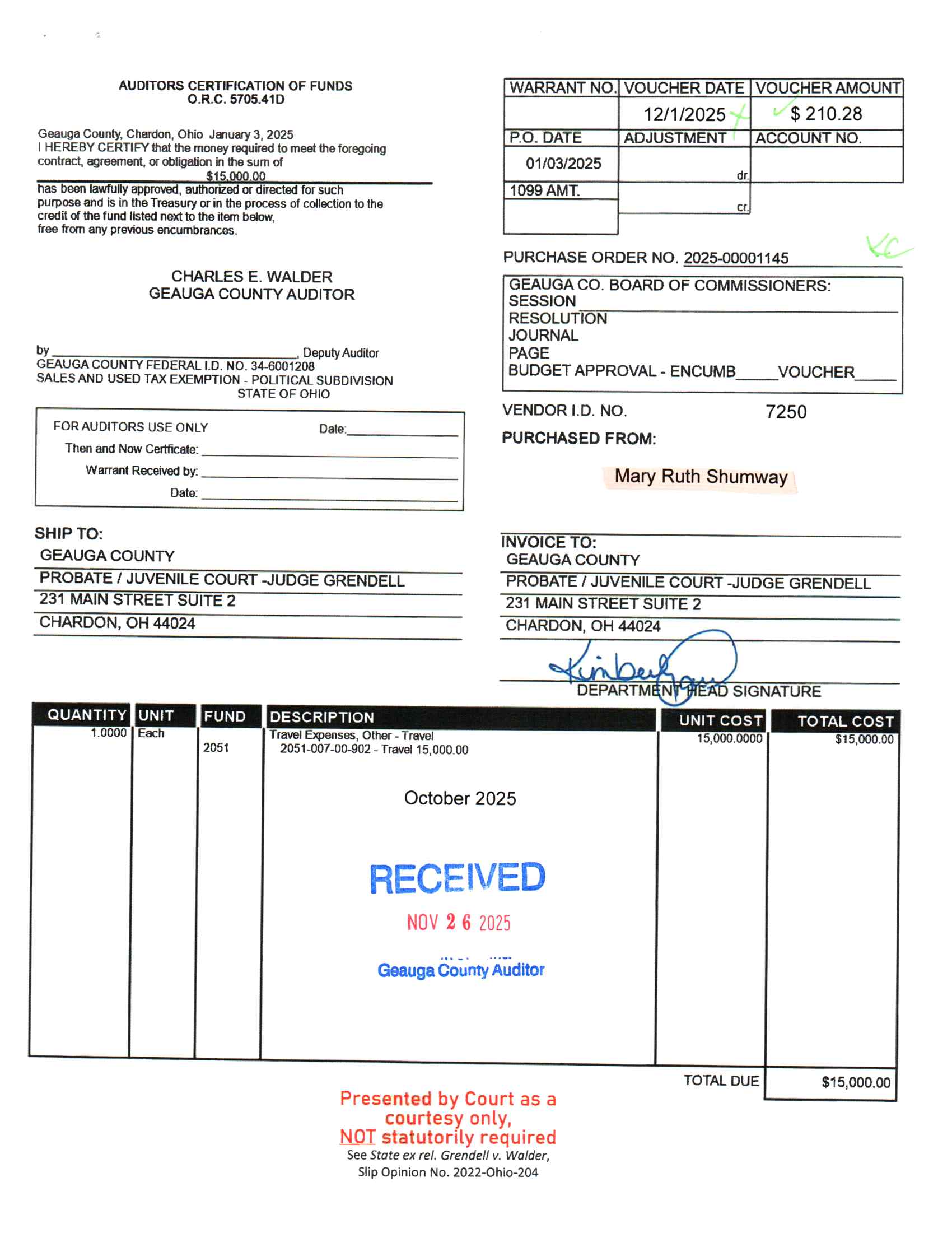 Auditor's Certification of Funds