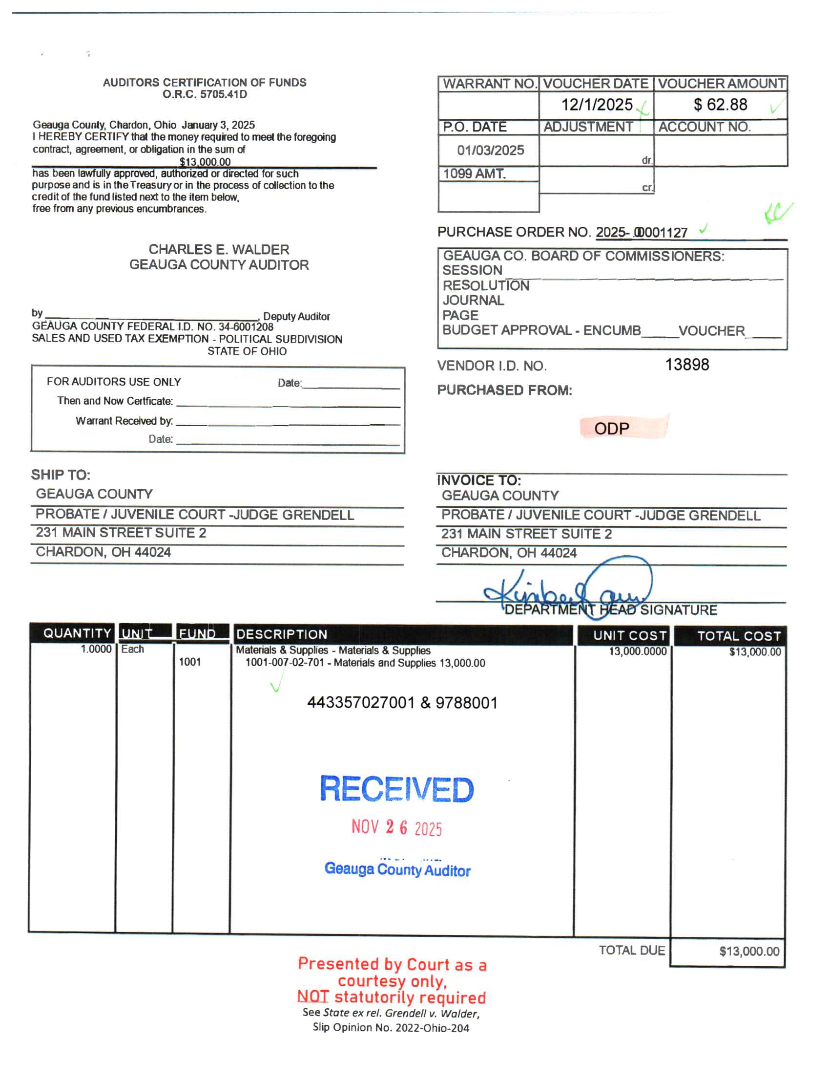 Auditor's Certification of Funds
