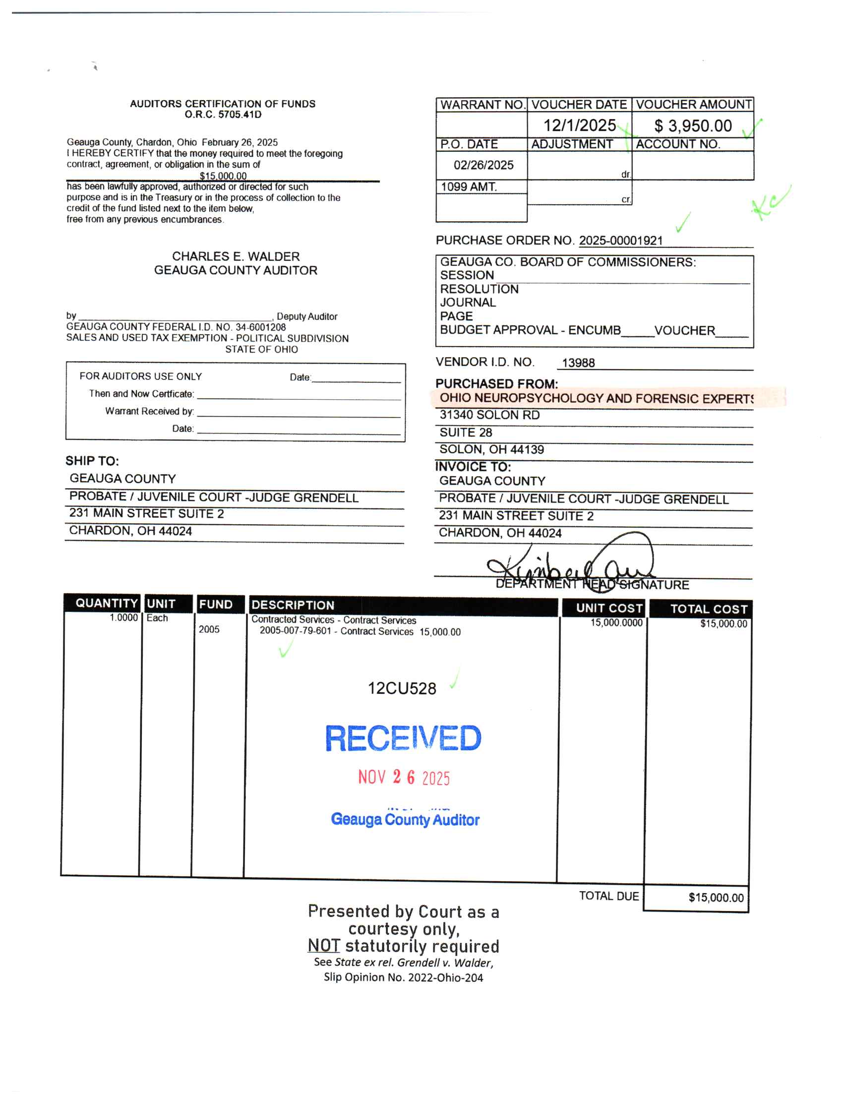 Auditor's Certification of Funds
