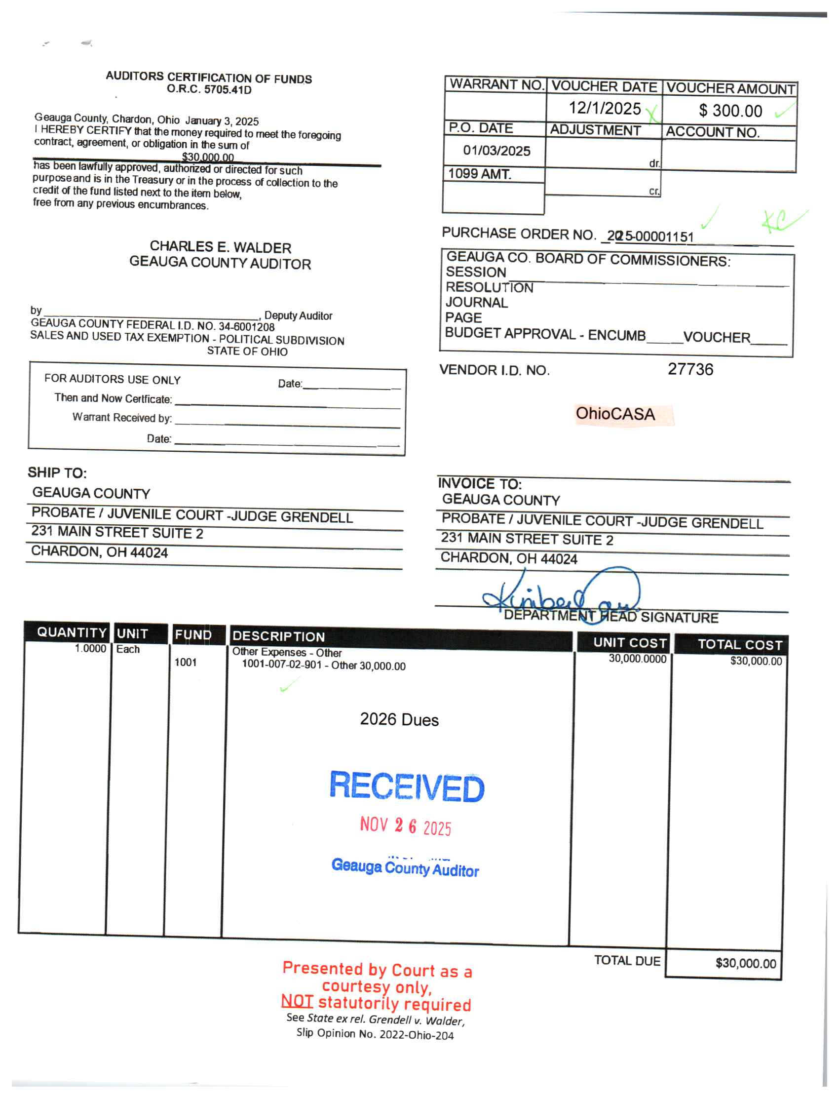 Auditor's Certification of Funds
