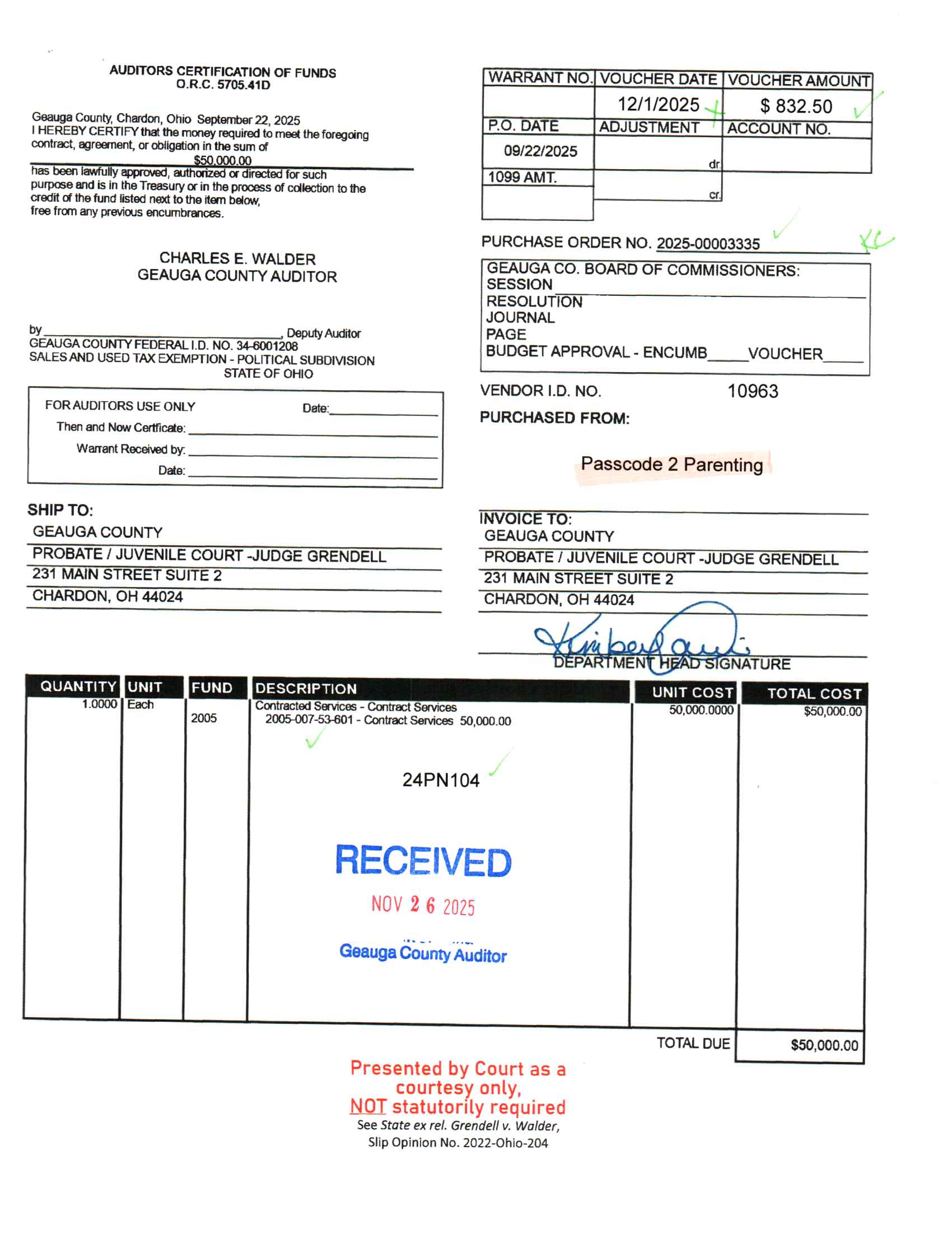 Auditor's Certification of Funds